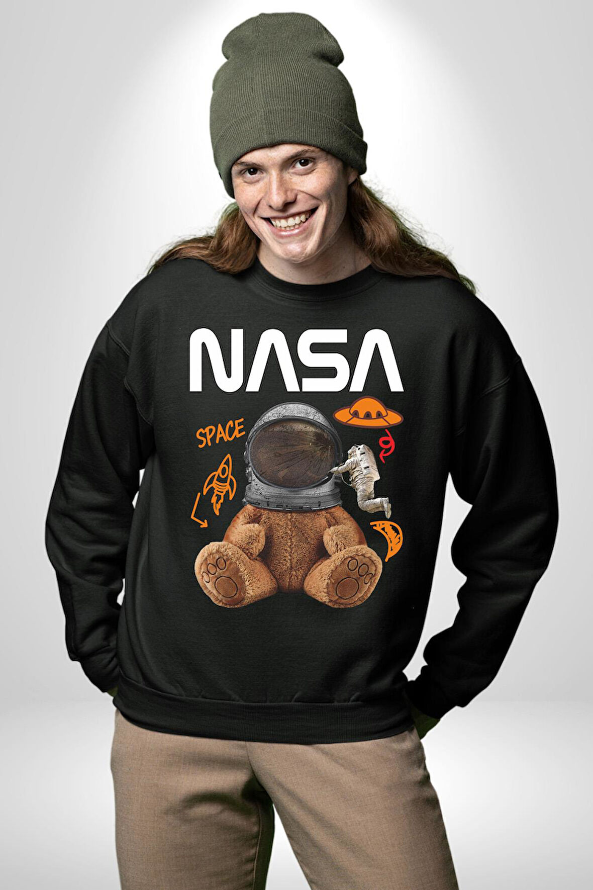 Nasa Astronot Ayı Tedy Uzay Erkek Kadın Unisex Dijital Baskılı Siyah Sweatshirt