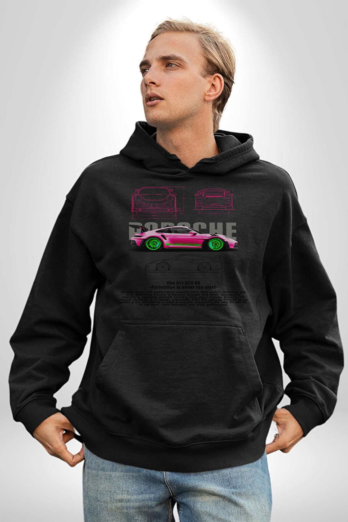 Porsche GT3 RS Neon Renk Tasarım Erkek Kadın Siyah Dijital Baskılı Kapüşonlu Sweatshirt Hoodie