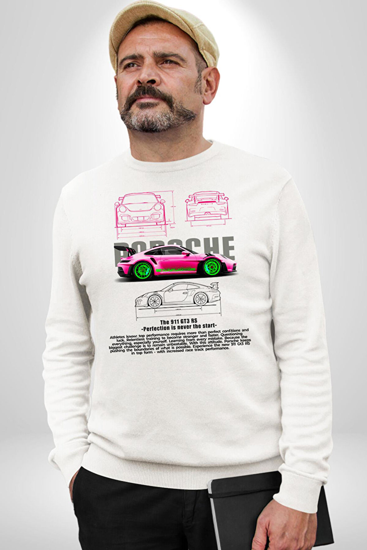 Porsche GT3 RS Neon Renk Tasarım Erkek Kadın Unisex Dijital Baskılı Beyaz Sweatshirt