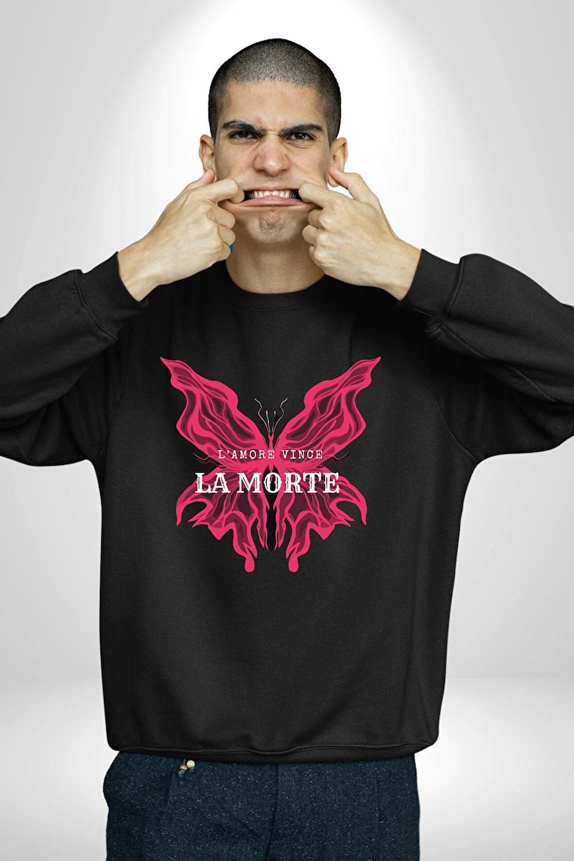 Aşk Kazanır Ölüm Kelebek Tasarımı Aşkın Ateşi Erkek Kadın Unisex Dijital Baskılı Siyah Sweatshirt