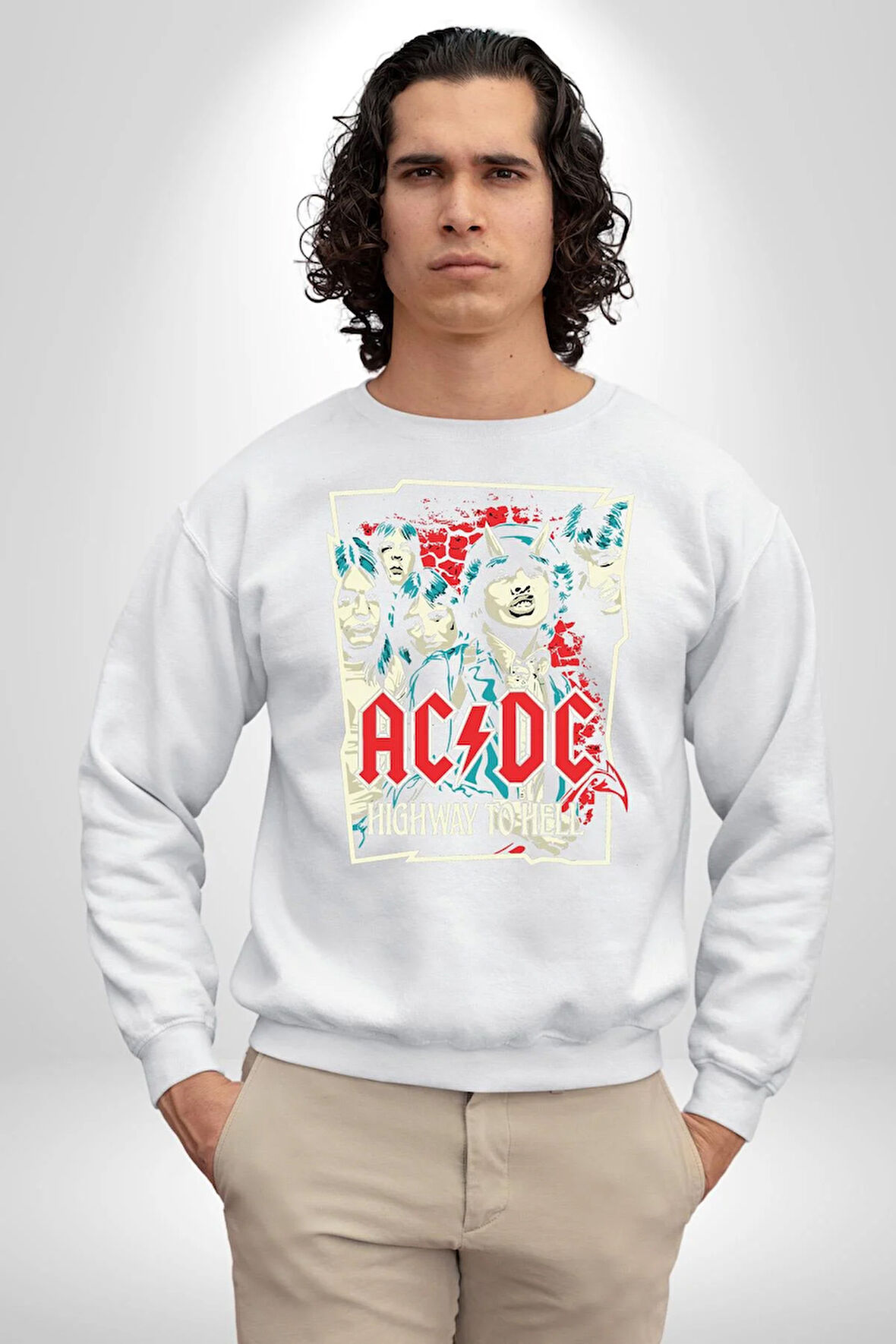 AC/DC Highway to Hell Rock Tasarım Erkek Kadın Unisex Dijital Baskılı Beyaz Sweatshirt