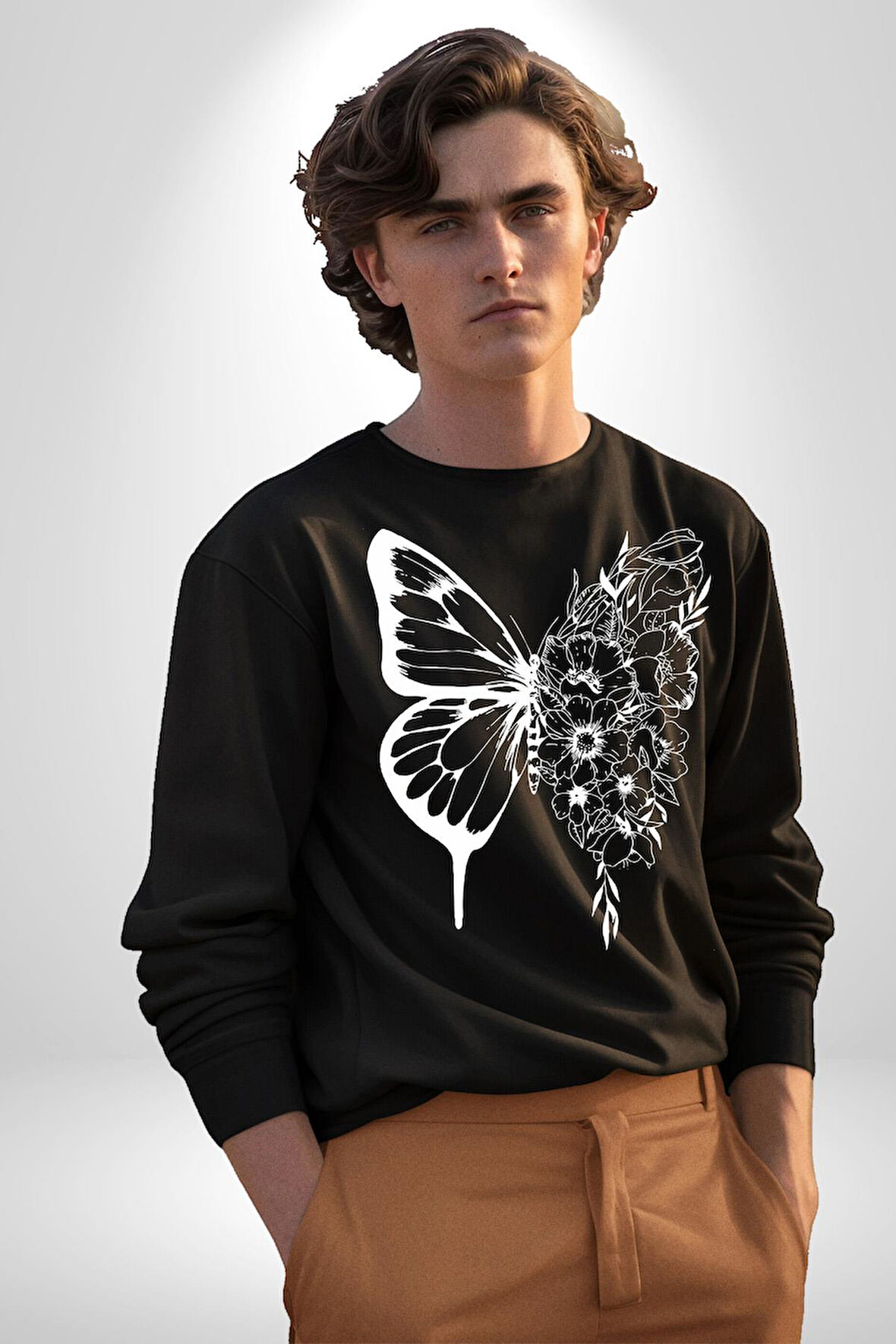 Beyaz Kelebek Ve Çiçekler Erkek Kadın Unisex Dijital Baskılı Siyah Sweatshirt