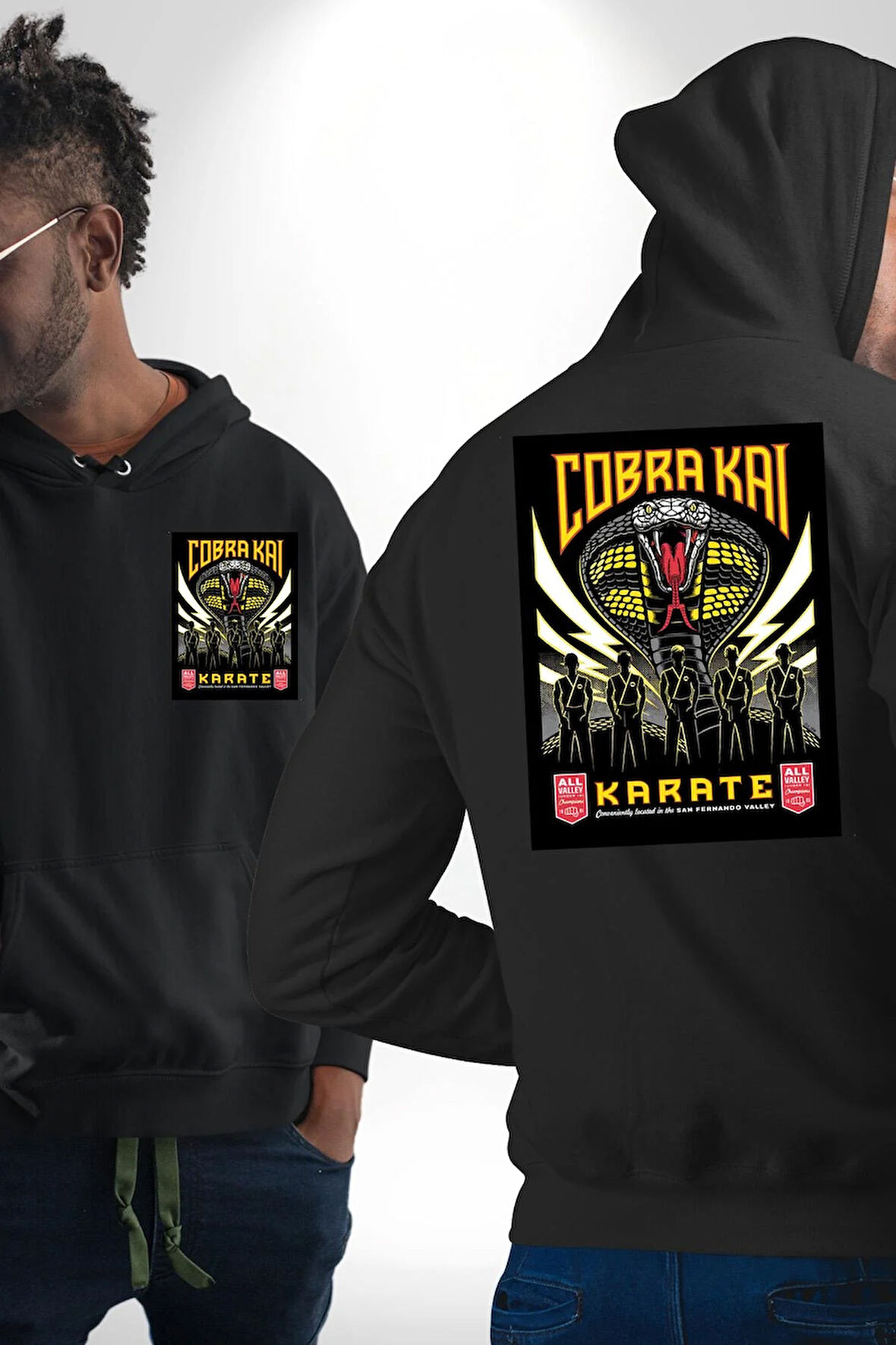 Cobra Kai Yılan Karete Dizi Film Erkek Kadın Siyah Ön Sırt Baskılı Kapüşonlu Sweatshirt Hoodie