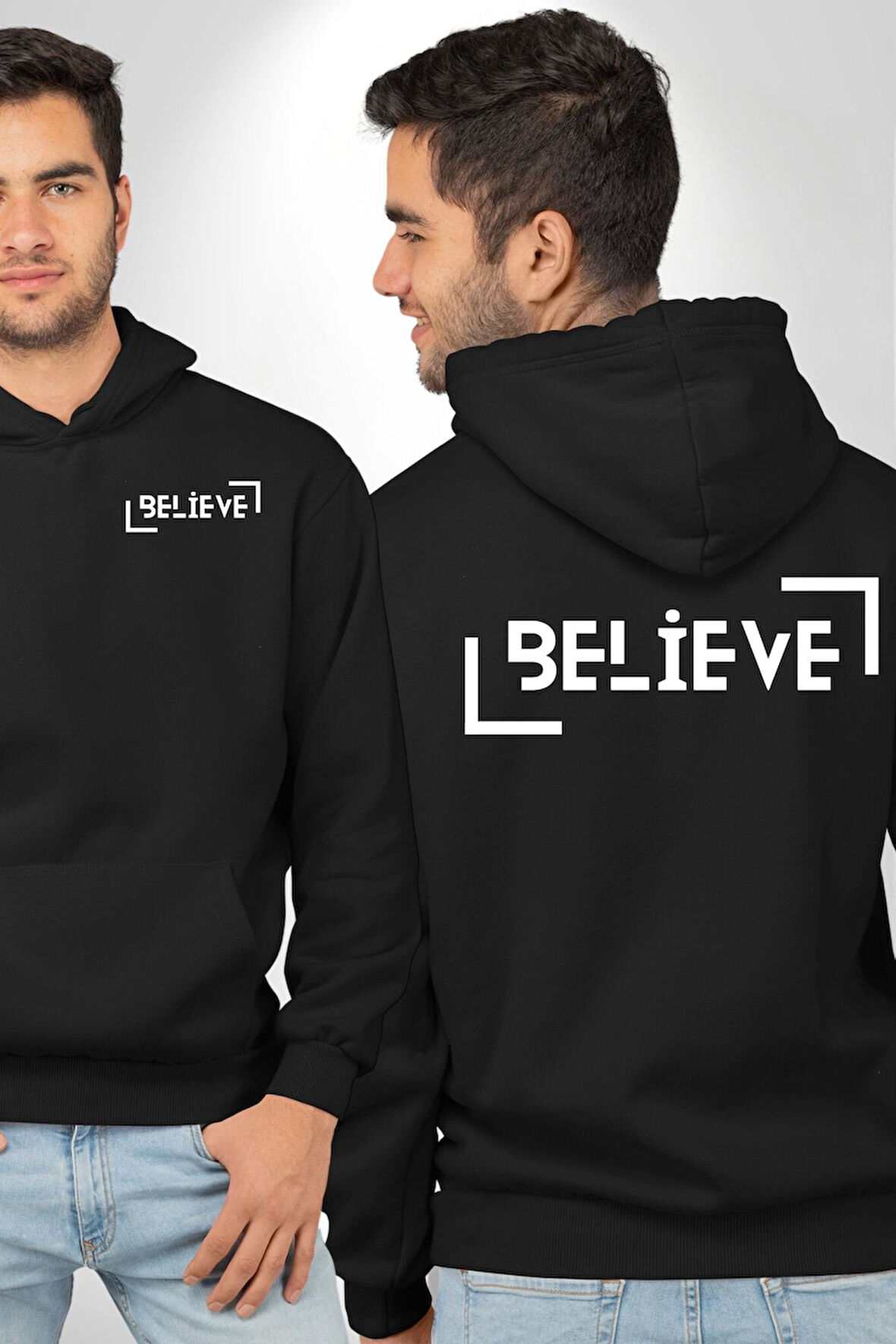 Beyaz Tasarım İnanmak Yazılı Erkek Kadın Siyah Ön Sırt Baskılı Kapüşonlu Sweatshirt Hoodie