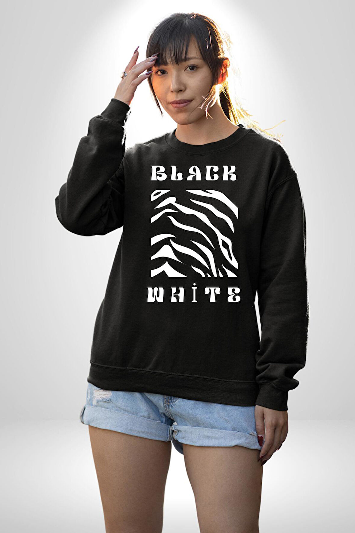 Siyah ve Beyaz Sokak Style Erkek Kadın Unisex Dijital Baskılı Siyah Sweatshirt