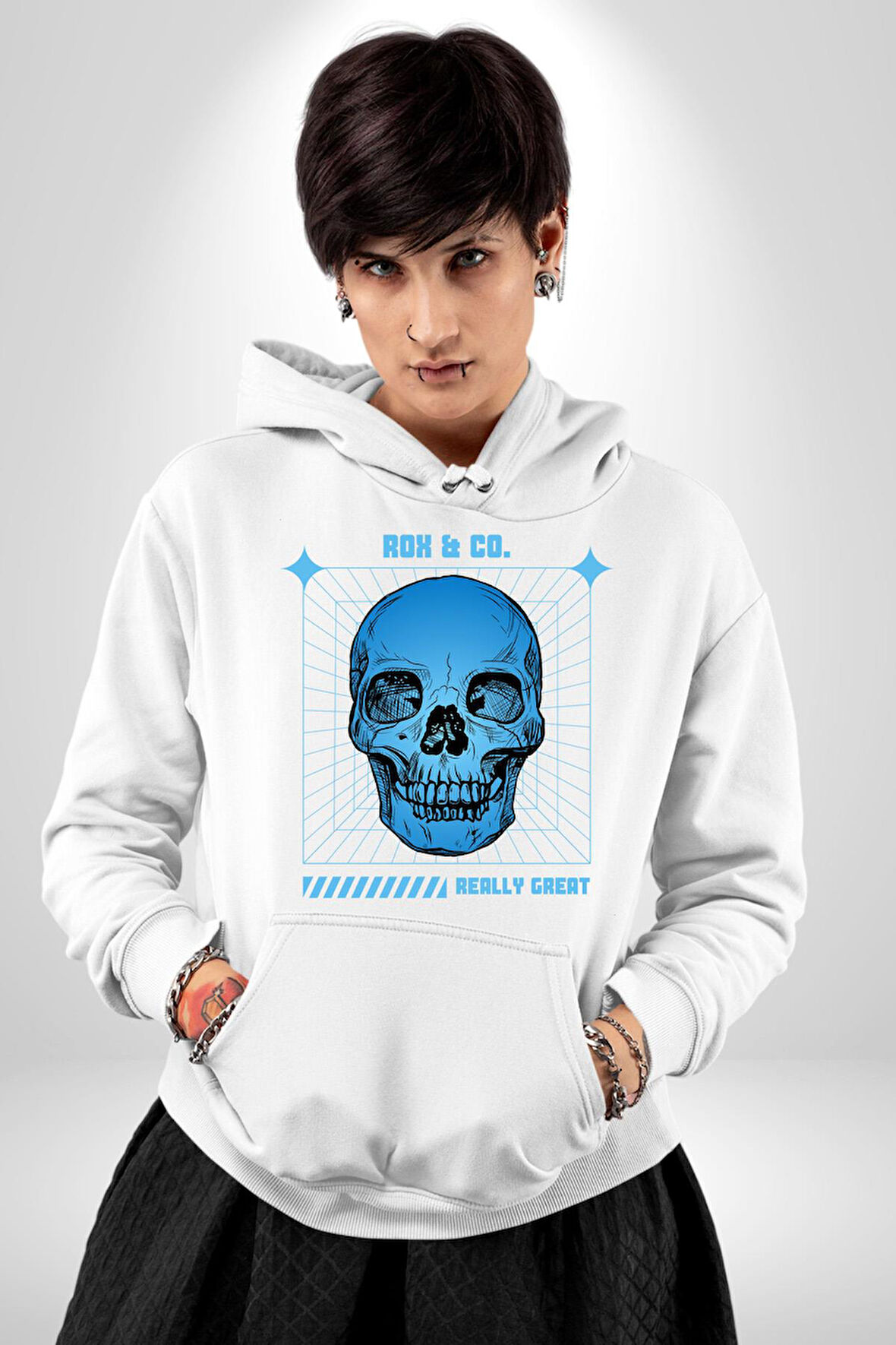 Sokak Sitili Kurukafa Erkek Kadın Beyaz Dijital Baskılı Kapüşonlu Sweatshirt Hoodie