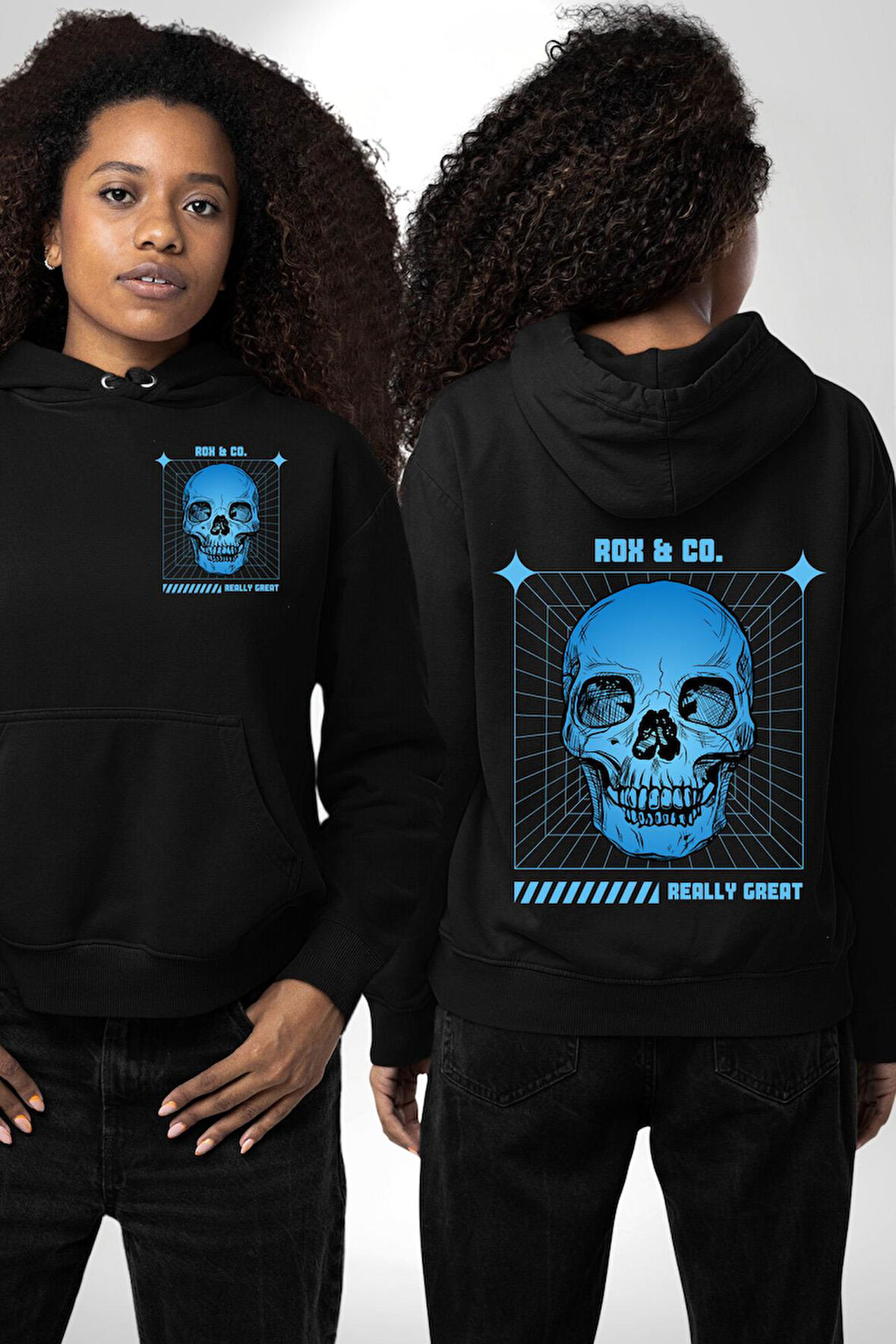 Sokak Sitili Kurukafa Erkek Kadın Siyah Ön Sırt Baskılı Kapüşonlu Sweatshirt Hoodie