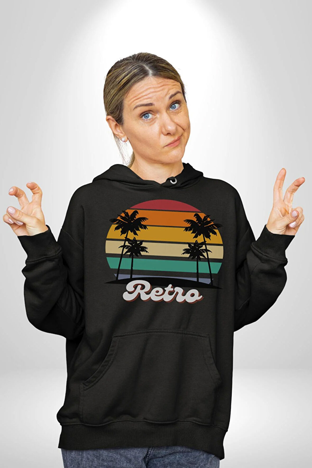 Retro Palmiye Güneş 80 90 Erkek Kadın Siyah Dijital Baskılı Kapüşonlu Sweatshirt Hoodie