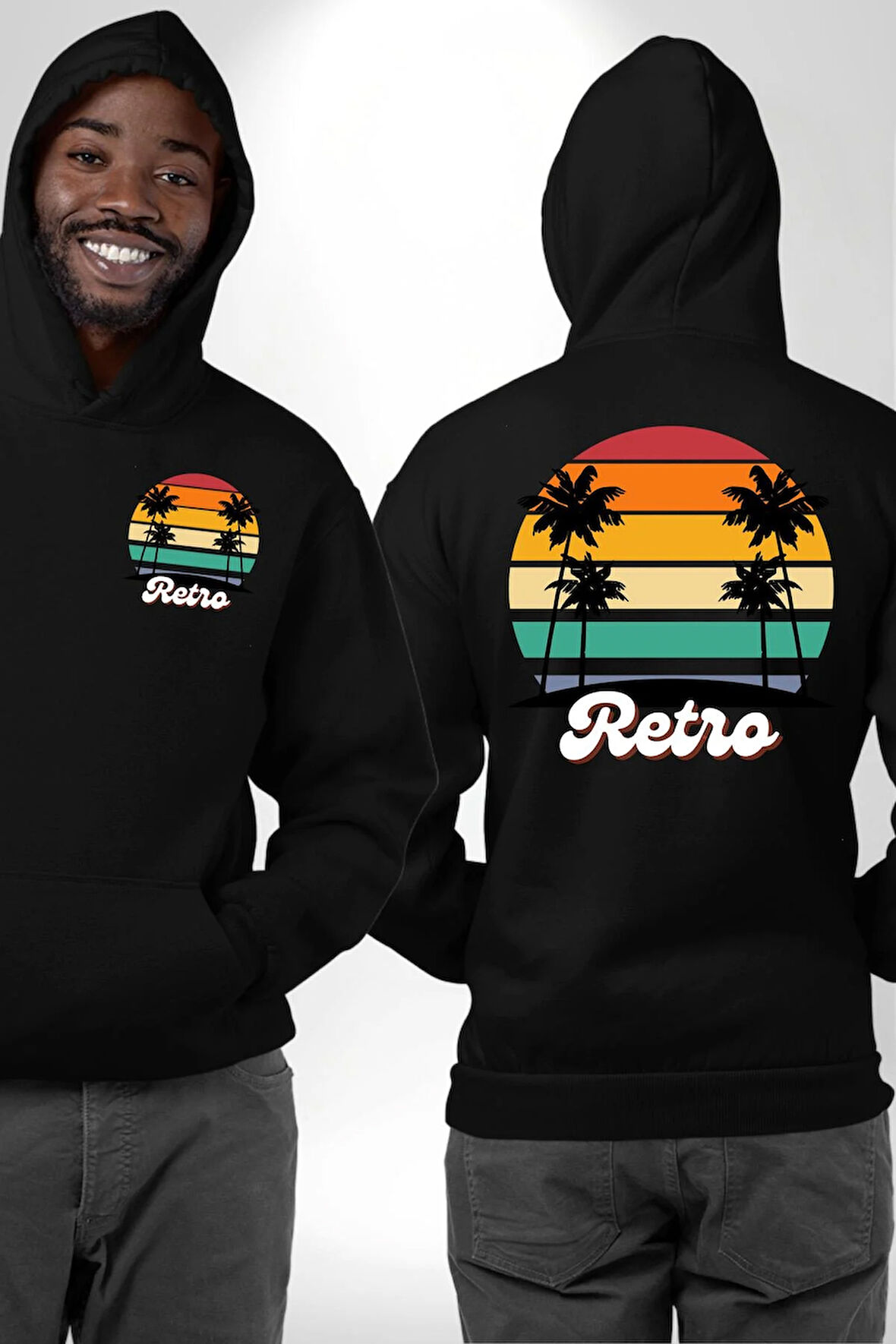 Retro Palmiye Güneş 80 90 Erkek Kadın Siyah Ön Sırt Baskılı Kapüşonlu Sweatshirt Hoodie
