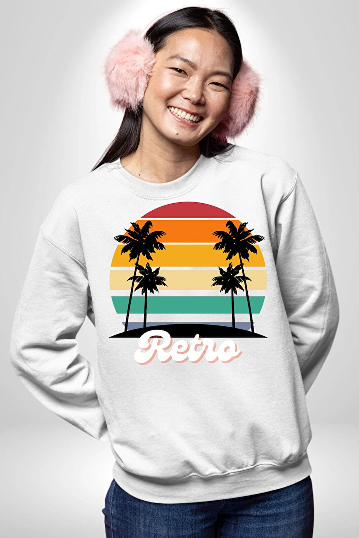 Retro Palmiye Güneş 80 90 Erkek Kadın Unisex Dijital Baskılı Beyaz Sweatshirt