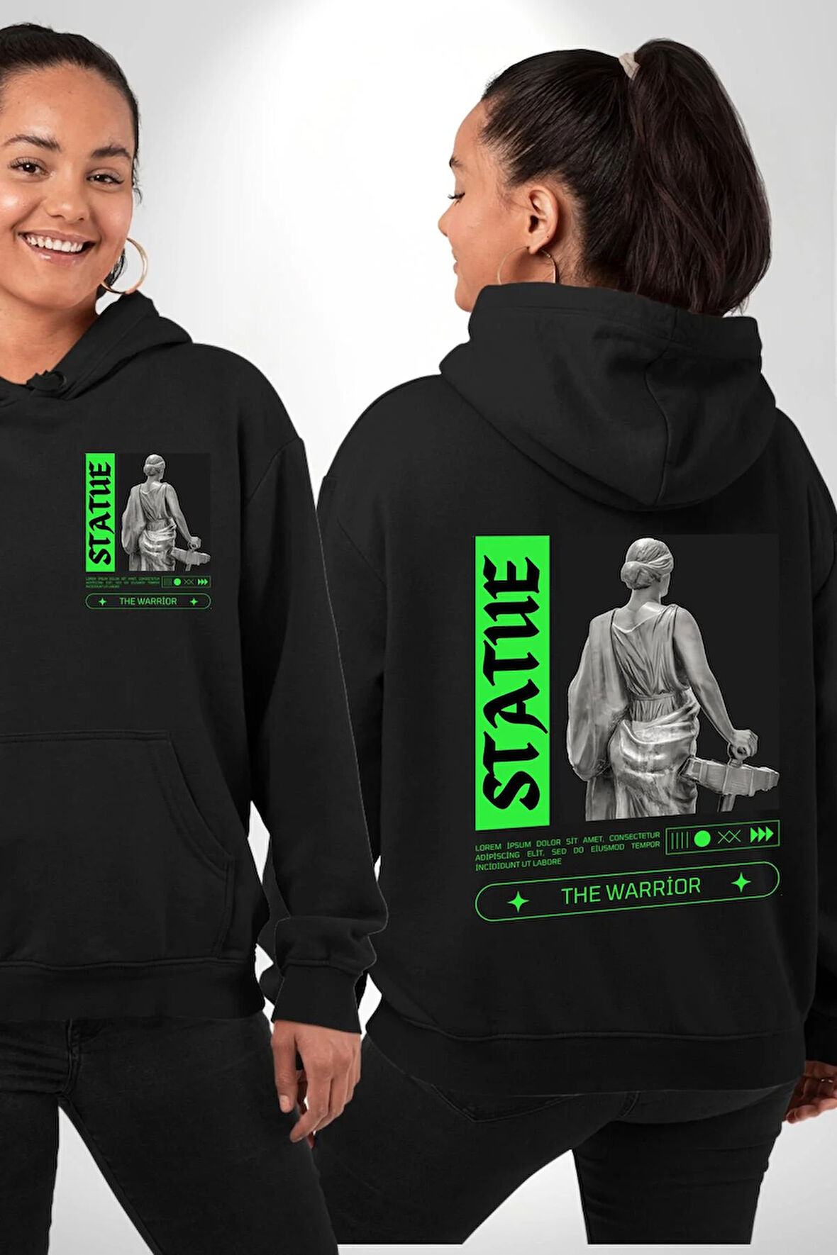 Sokak Sitili Heykel Kadın Savaşcı Erkek Kadın Siyah Ön Sırt Baskılı Kapüşonlu Sweatshirt Hoodie
