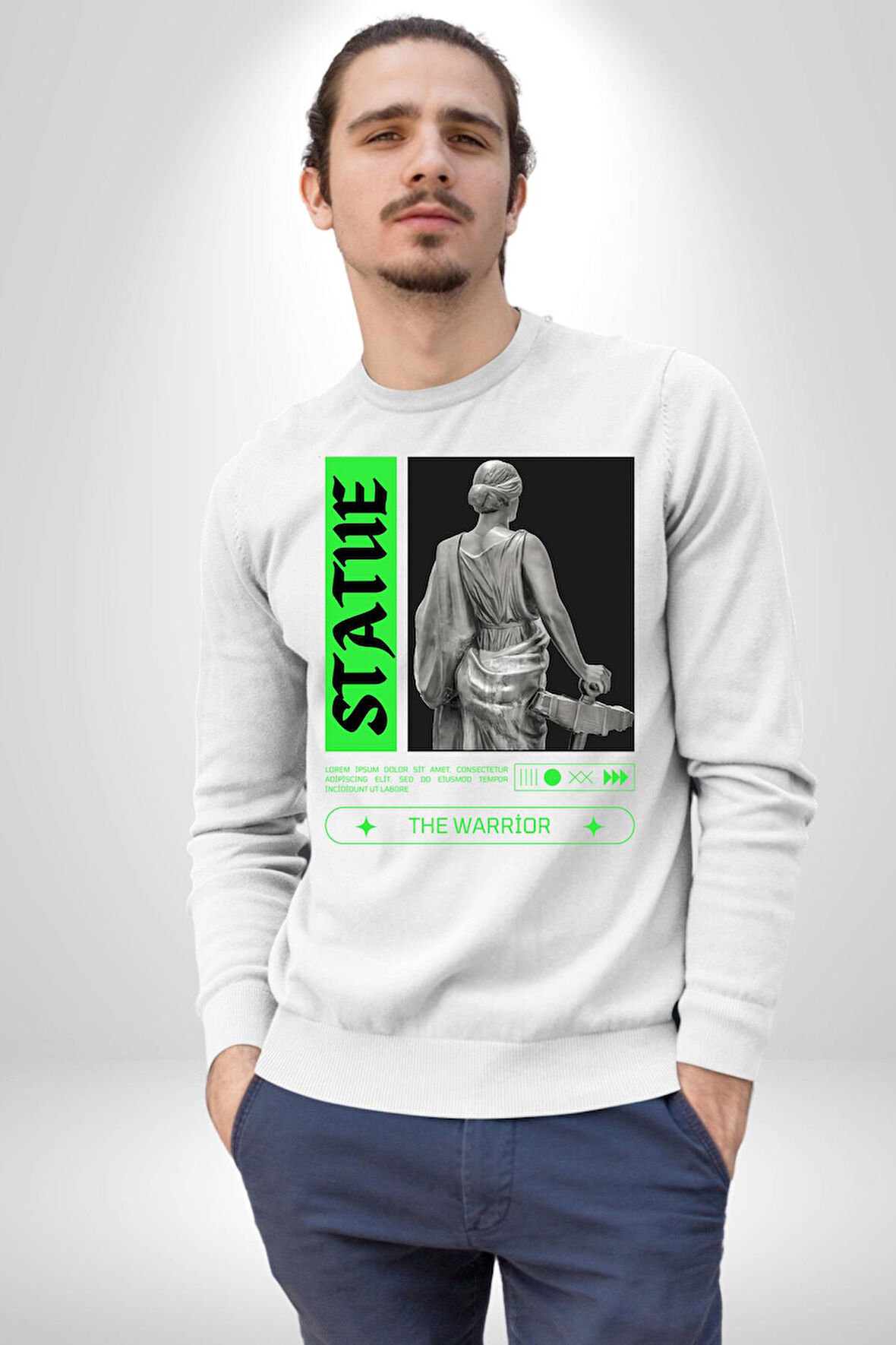 Sokak Sitili Heykel Kadın Savaşcı Erkek Kadın Unisex Dijital Baskılı Beyaz Sweatshirt
