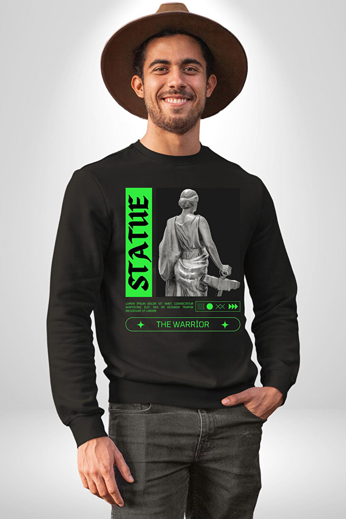 Sokak Sitili Heykel Kadın Savaşcı Erkek Kadın Unisex Dijital Baskılı Siyah Sweatshirt