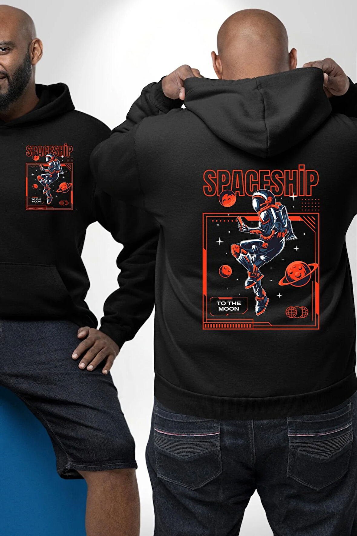 Astronot Gezegen Uzay Aracı Erkek Kadın Siyah Ön Sırt Baskılı Kapüşonlu Sweatshirt Hoodie