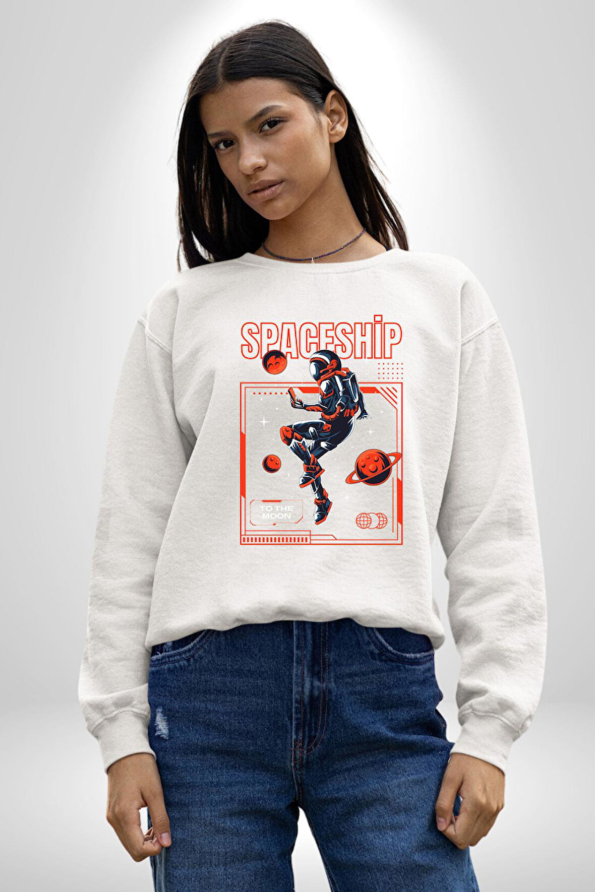 Astronot Gezegen Uzay Aracı Erkek Kadın Unisex Dijital Baskılı Beyaz Sweatshirt