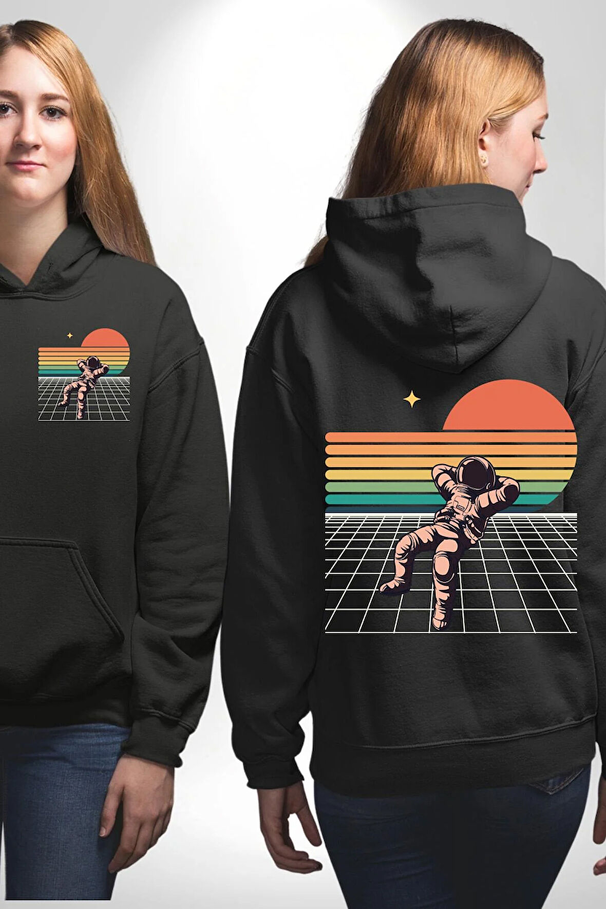 Uzay Adamı Tasarımı Erkek Kadın Siyah Ön Sırt Baskılı Kapüşonlu Sweatshirt Hoodie