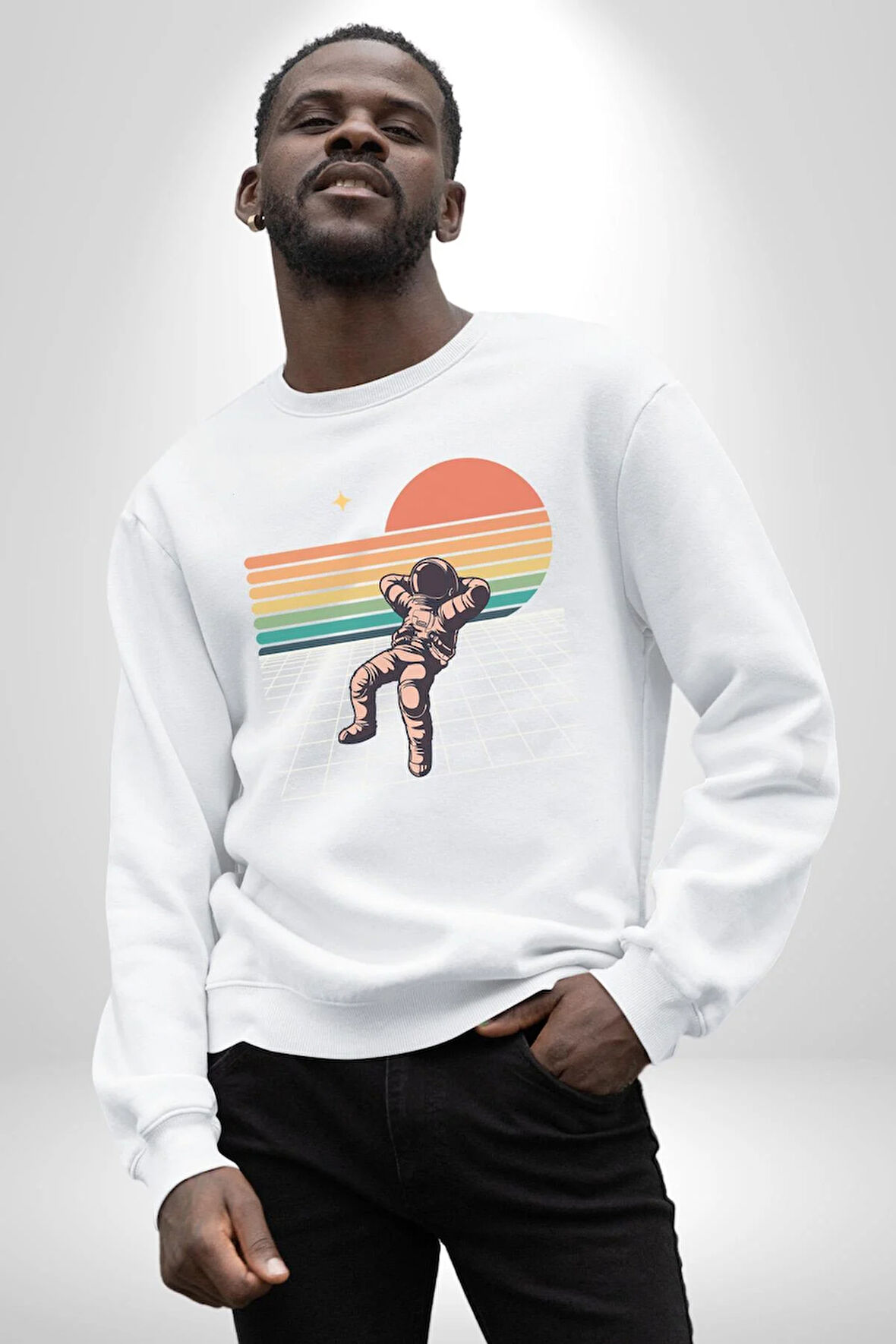 Uzay Adamı Tasarımı Erkek Kadın Unisex Dijital Baskılı Beyaz Sweatshirt