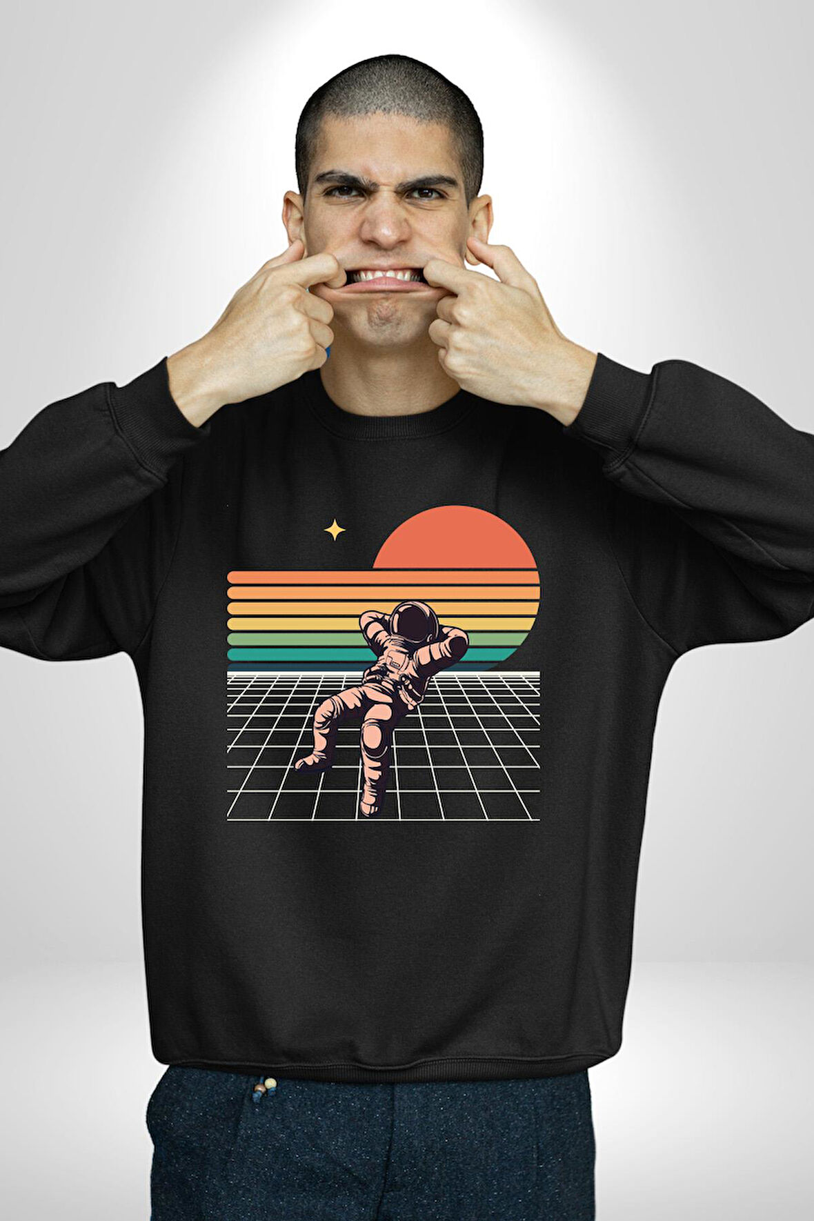 Uzay Adamı Tasarımı Erkek Kadın Unisex Dijital Baskılı Siyah Sweatshirt