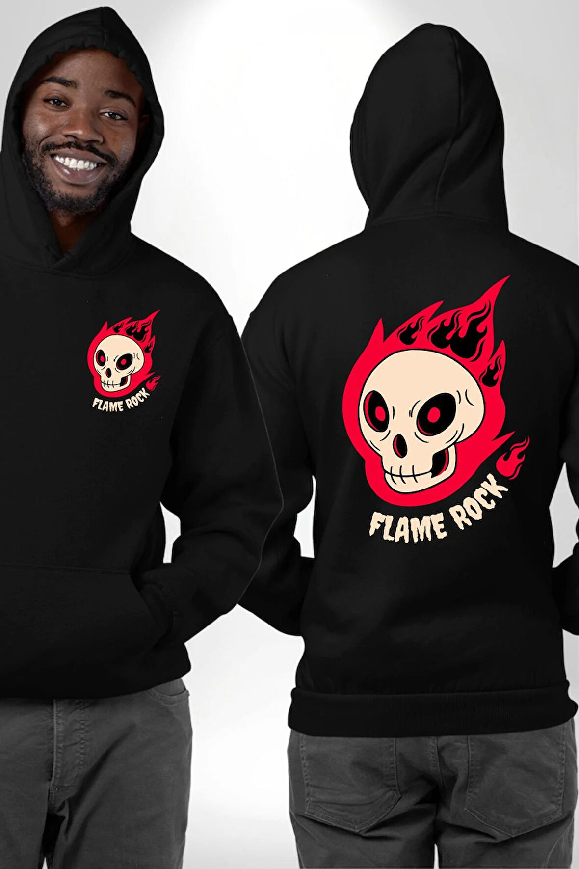 Kırmızı Ateş Kurukafa Rock Erkek Kadın Siyah Ön Sırt Baskılı Kapüşonlu Sweatshirt Hoodie