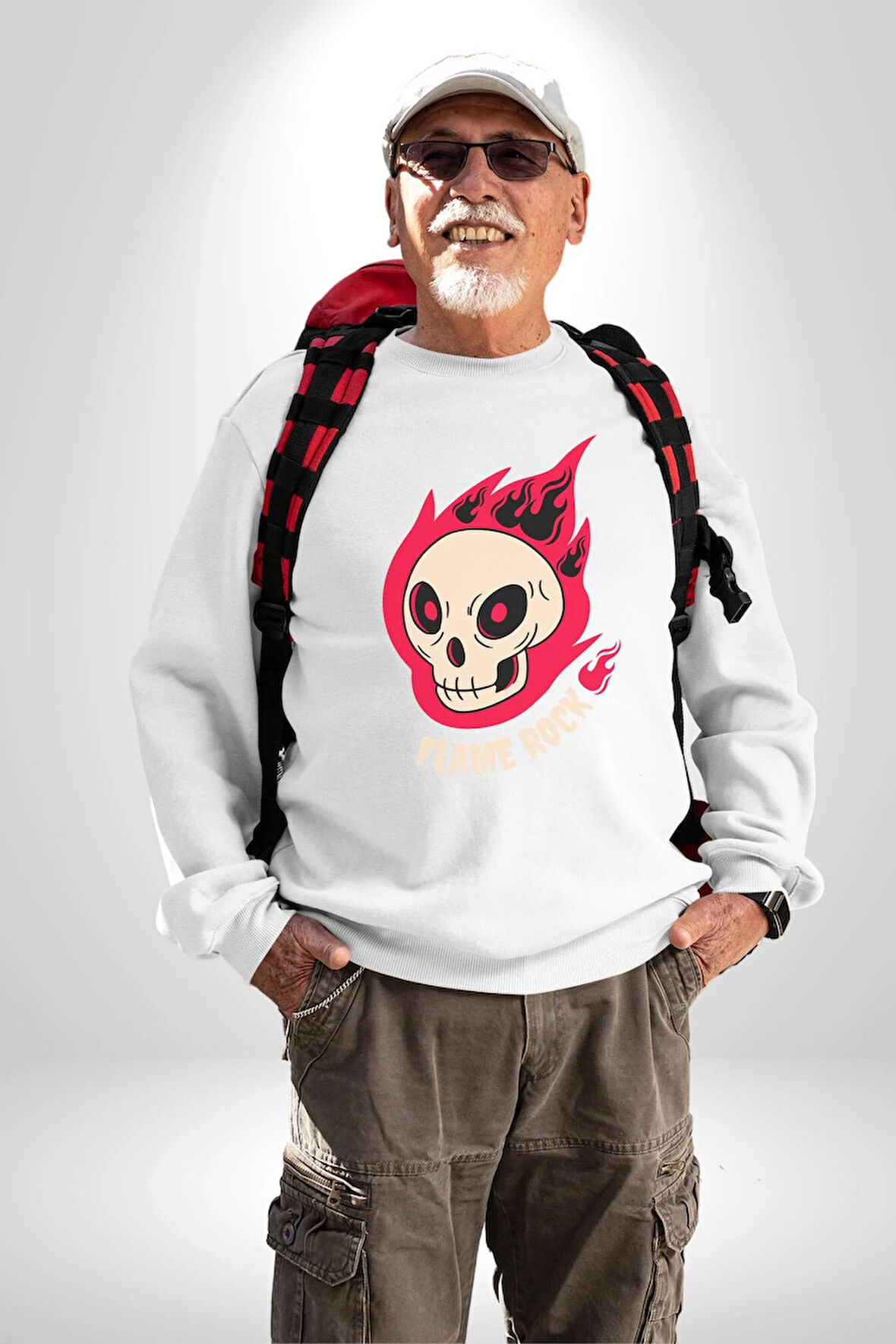 Kırmızı Ateş Kurukafa Rock Erkek Kadın Unisex Dijital Baskılı Beyaz Sweatshirt