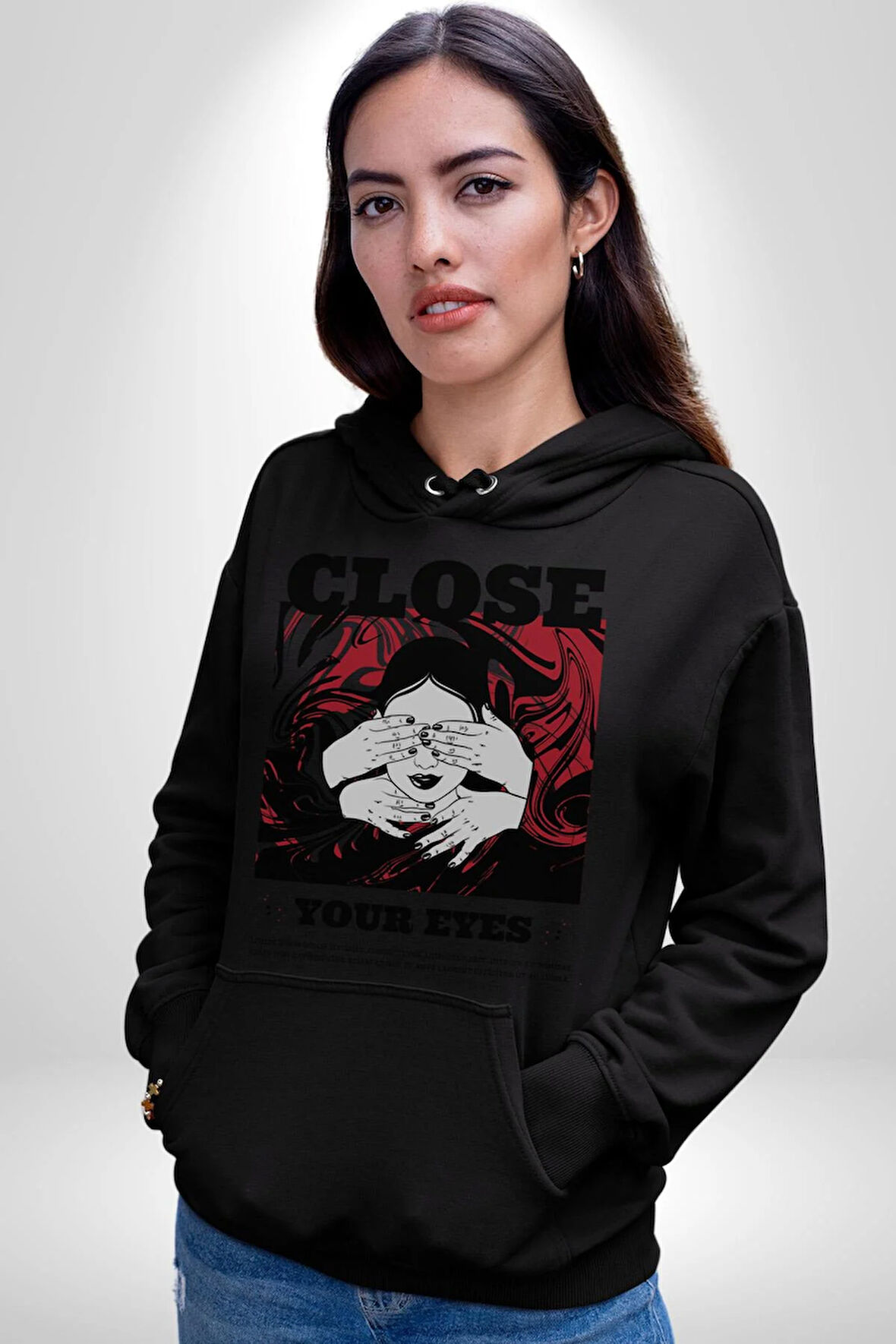 Gözlerim Kapalı Kadın Sokak Stili Erkek Kadın Siyah Dijital Baskılı Kapüşonlu Sweatshirt Hoodie
