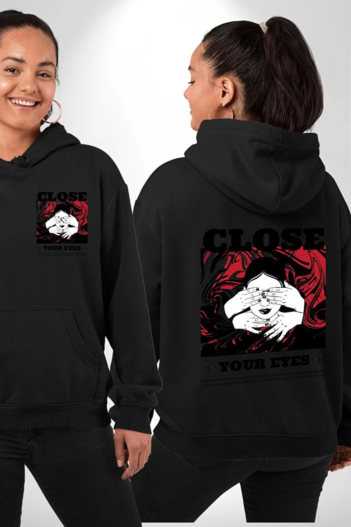 Gözlerim Kapalı Kadın Sokak Stili Erkek Kadın Siyah Ön Sırt Baskılı Kapüşonlu Sweatshirt Hoodie