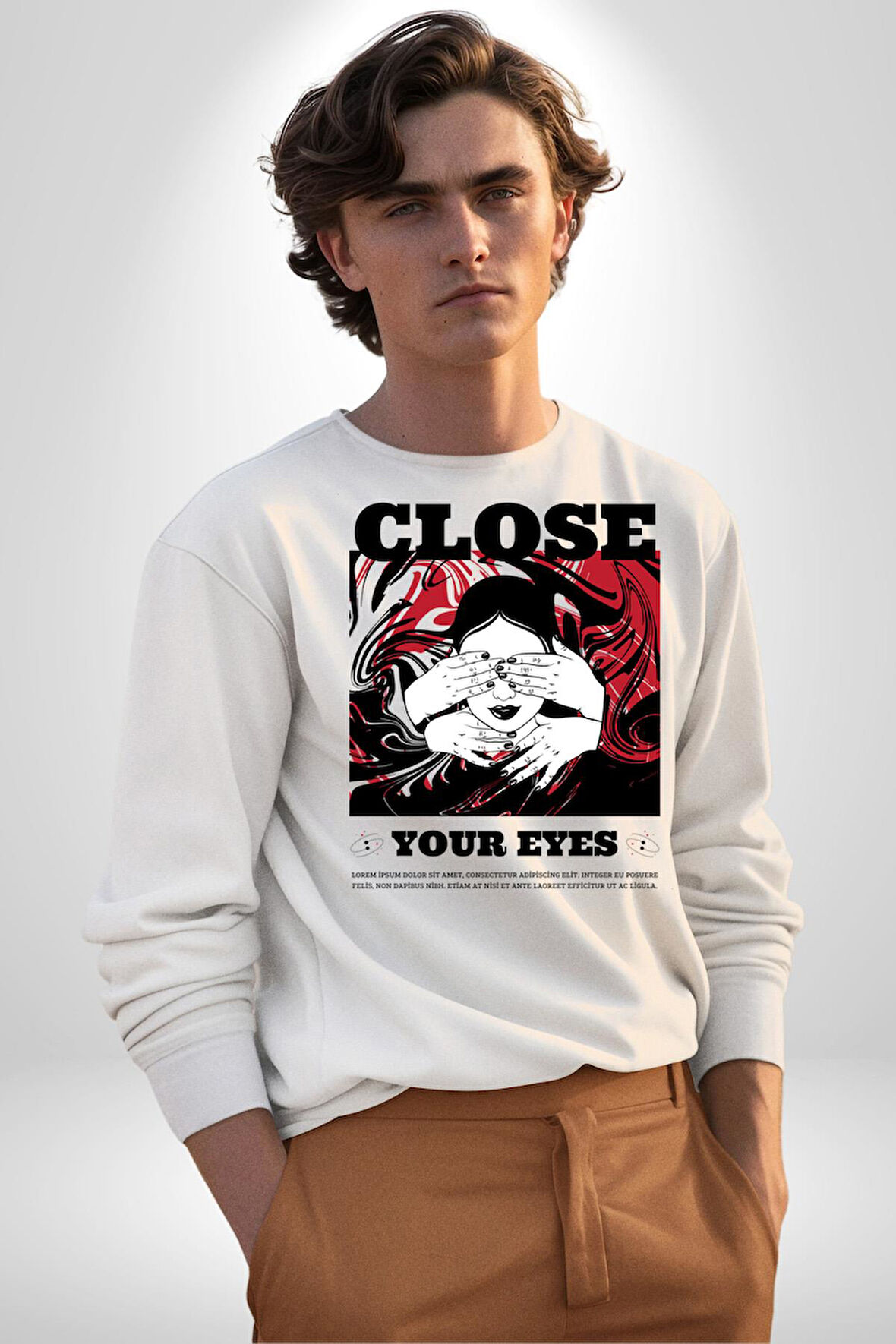 Gözlerim Kapalı Kadın Sokak Stili Erkek Kadın Unisex Dijital Baskılı Beyaz Sweatshirt