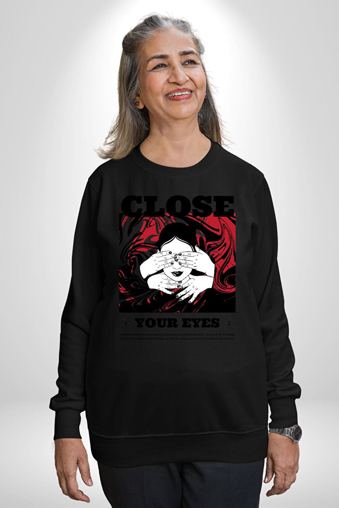 Gözlerim Kapalı Kadın Sokak Stili Erkek Kadın Unisex Dijital Baskılı Siyah Sweatshirt