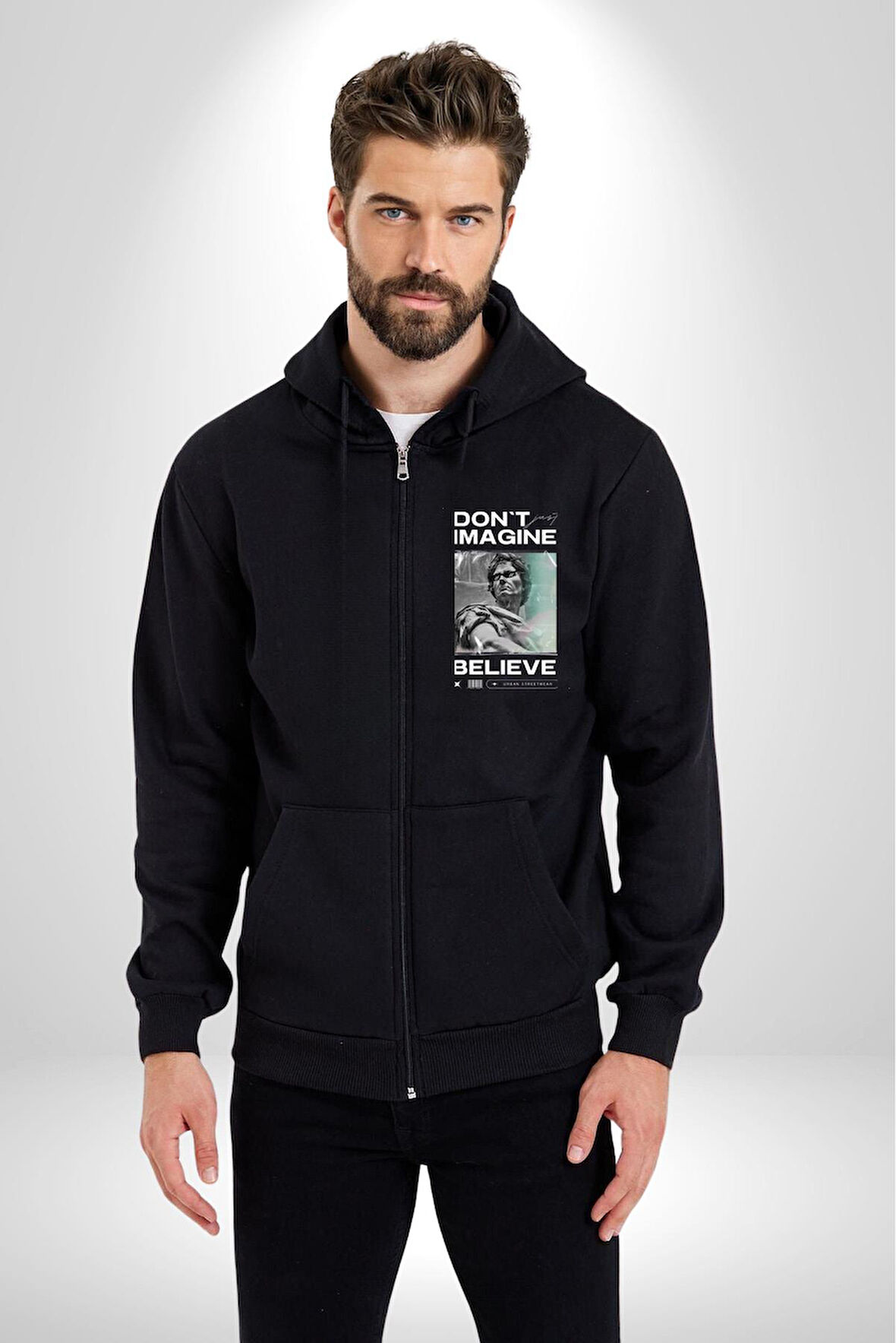 Hayal Etneyin Zeus İnanıyor Sokak Stili Erkek Kadın Siyah Fermuarlı Baskılı Hırka Sweatshirt