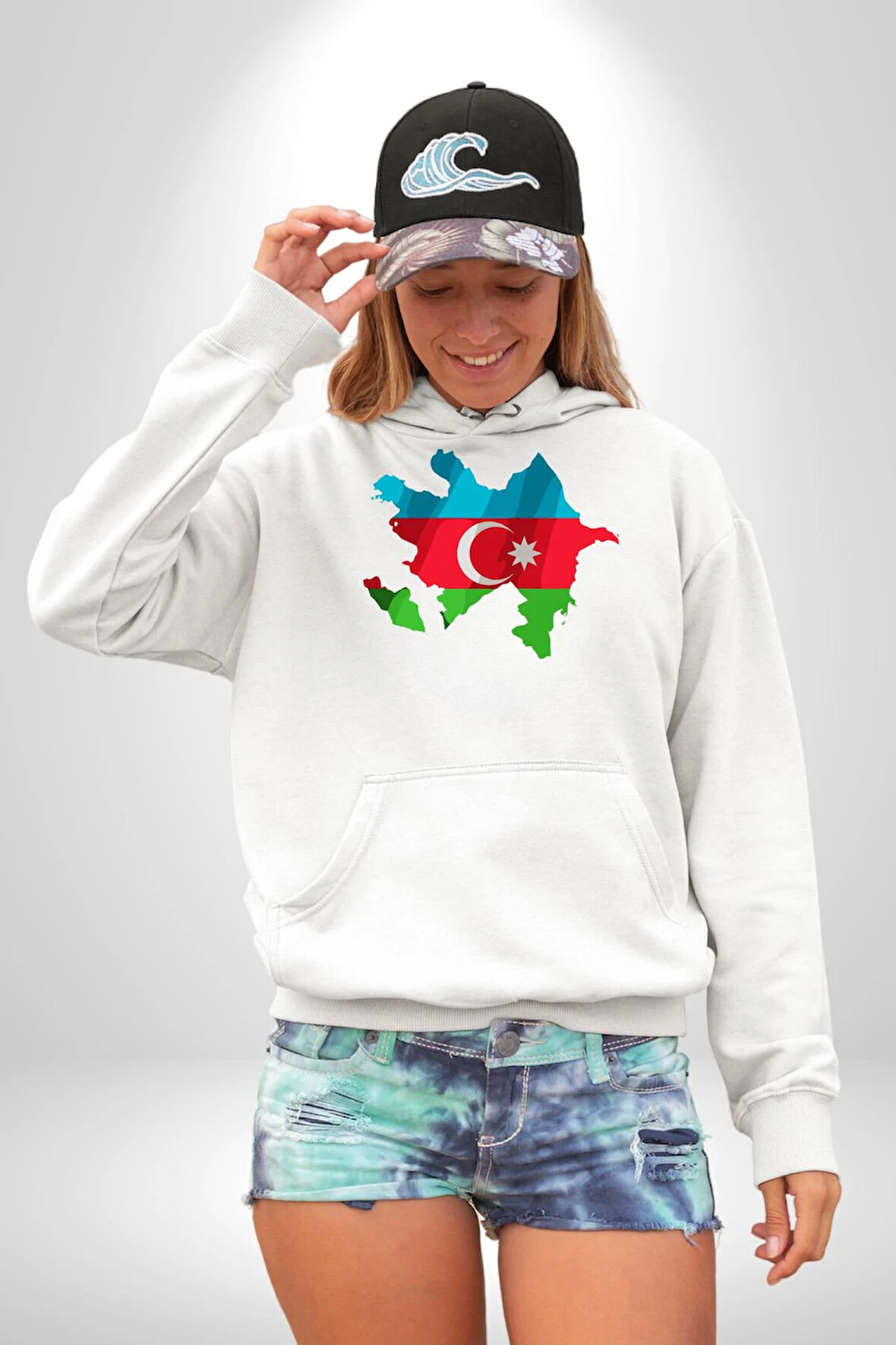 Azerbaycan Haritası Bayrak Tasarımı Erkek Kadın Beyaz Dijital Baskılı Kapüşonlu Sweatshirt Hoodie