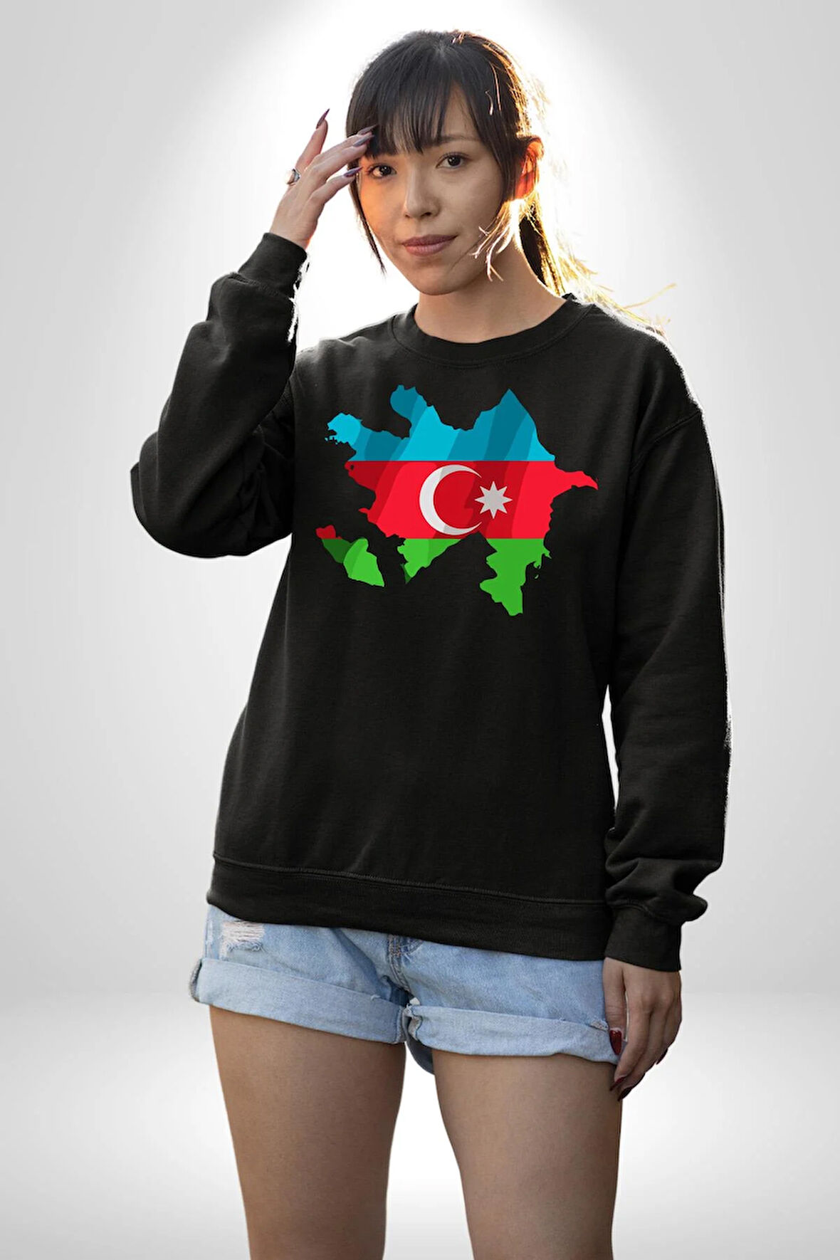 Azerbaycan Haritası Bayrak Tasarımı Erkek Kadın Unisex Dijital Baskılı Siyah Sweatshirt