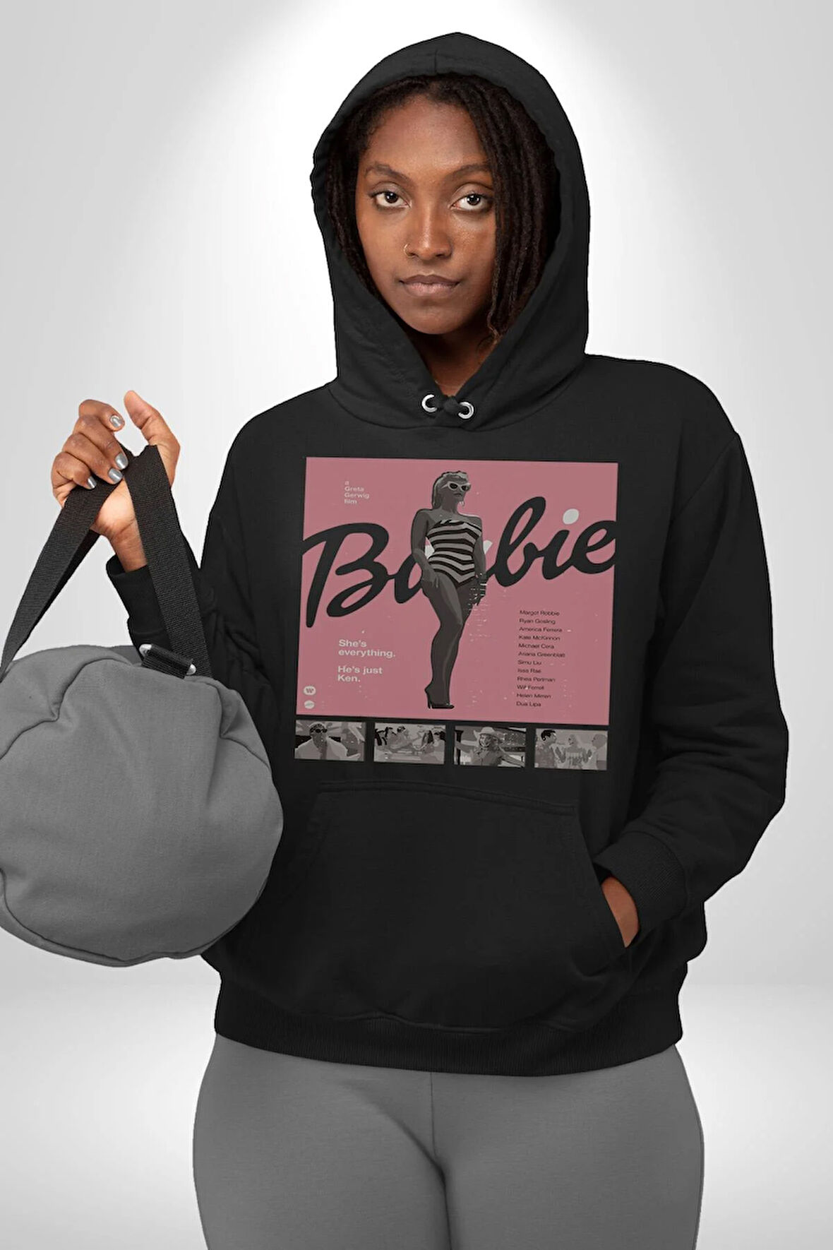 Barbie Film Poster Retro Tasarım Erkek Kadın Siyah Dijital Baskılı Kapüşonlu Sweatshirt Hoodie