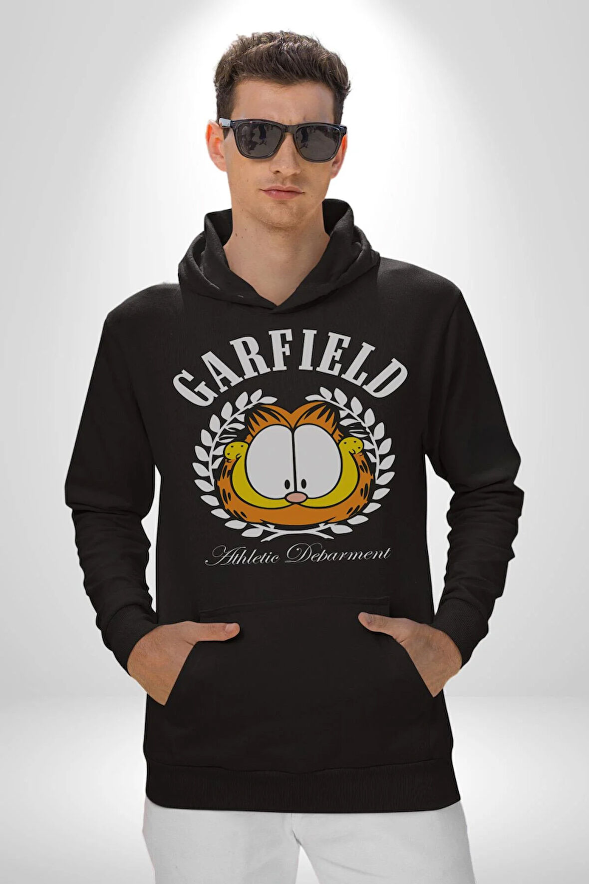 Garfield Komik Karikatür Tasarım Erkek Kadın Siyah Dijital Baskılı Kapüşonlu Sweatshirt Hoodie