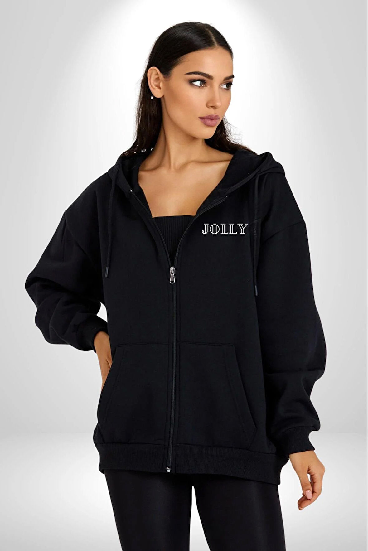 Jolly Neşeli Yazılı Erkek Kadın Siyah Fermuarlı Baskılı Hırka Sweatshirt