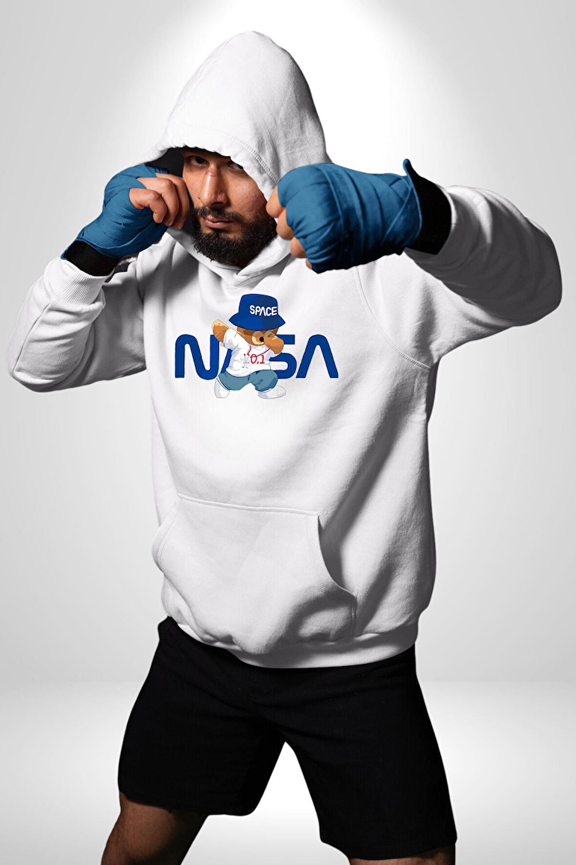 NASA Space Ayı Karikatür Tasarımı Erkek Kadın Beyaz Dijital Baskılı Kapüşonlu Sweatshirt Hoodie