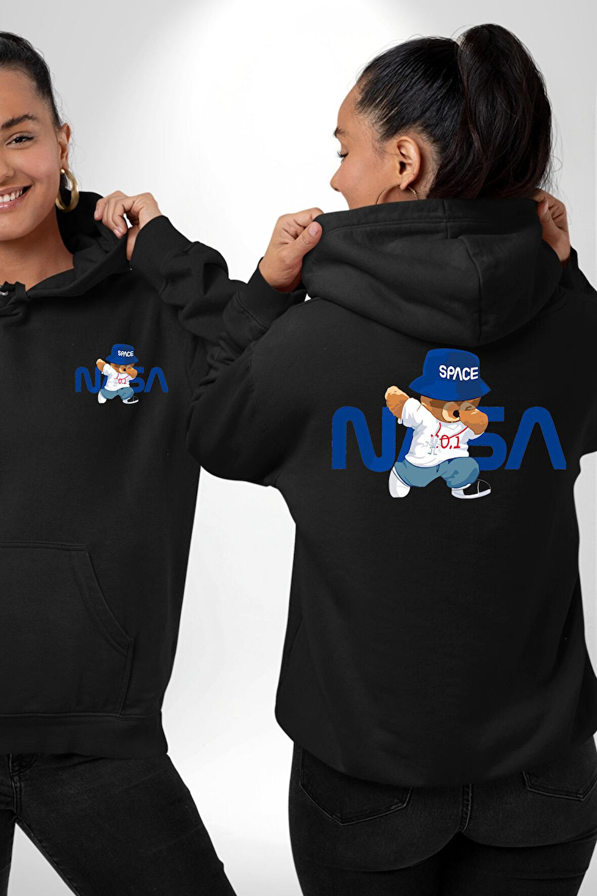 NASA Space Ayı Karikatür Tasarımı Erkek Kadın Siyah Ön Sırt Baskılı Kapüşonlu Sweatshirt Hoodie