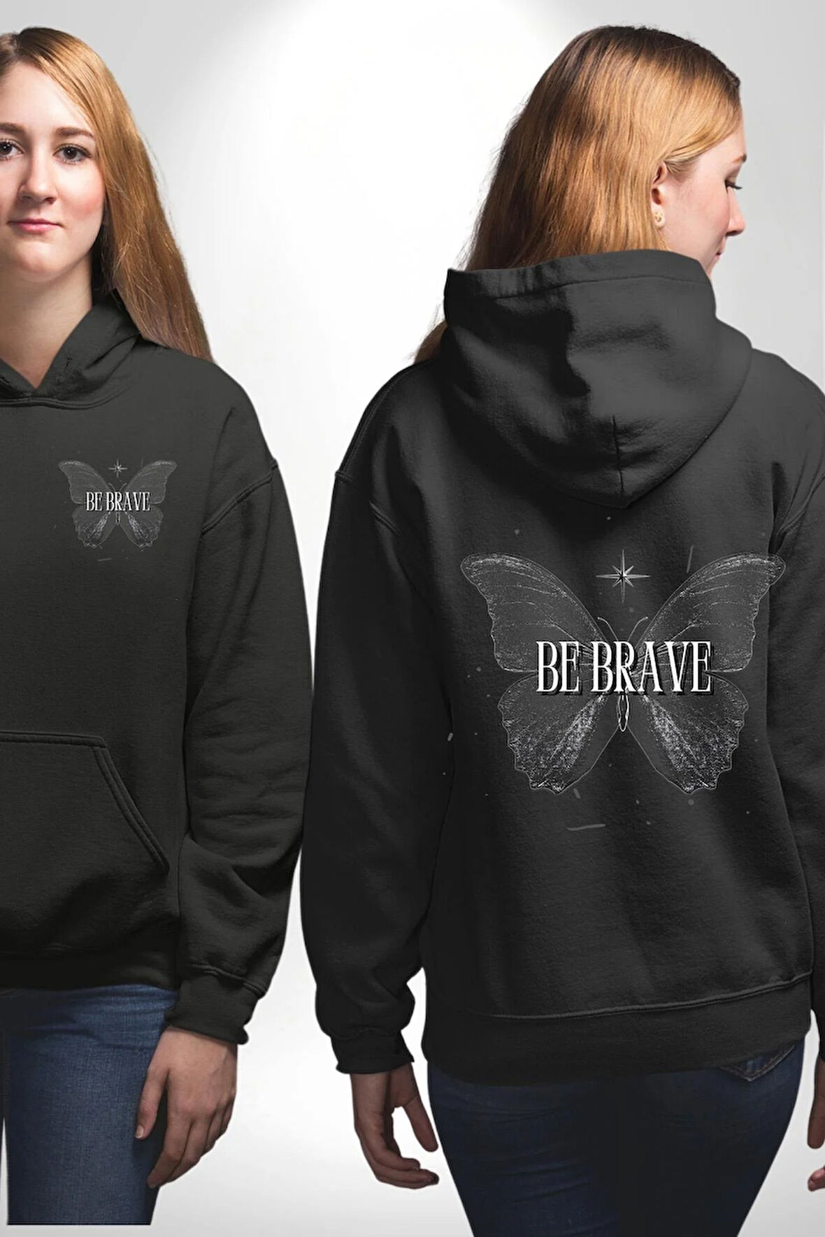 Kelebekler Gibi Cesur Ol Erkek Kadın Siyah Ön Sırt Baskılı Kapüşonlu Sweatshirt Hoodie