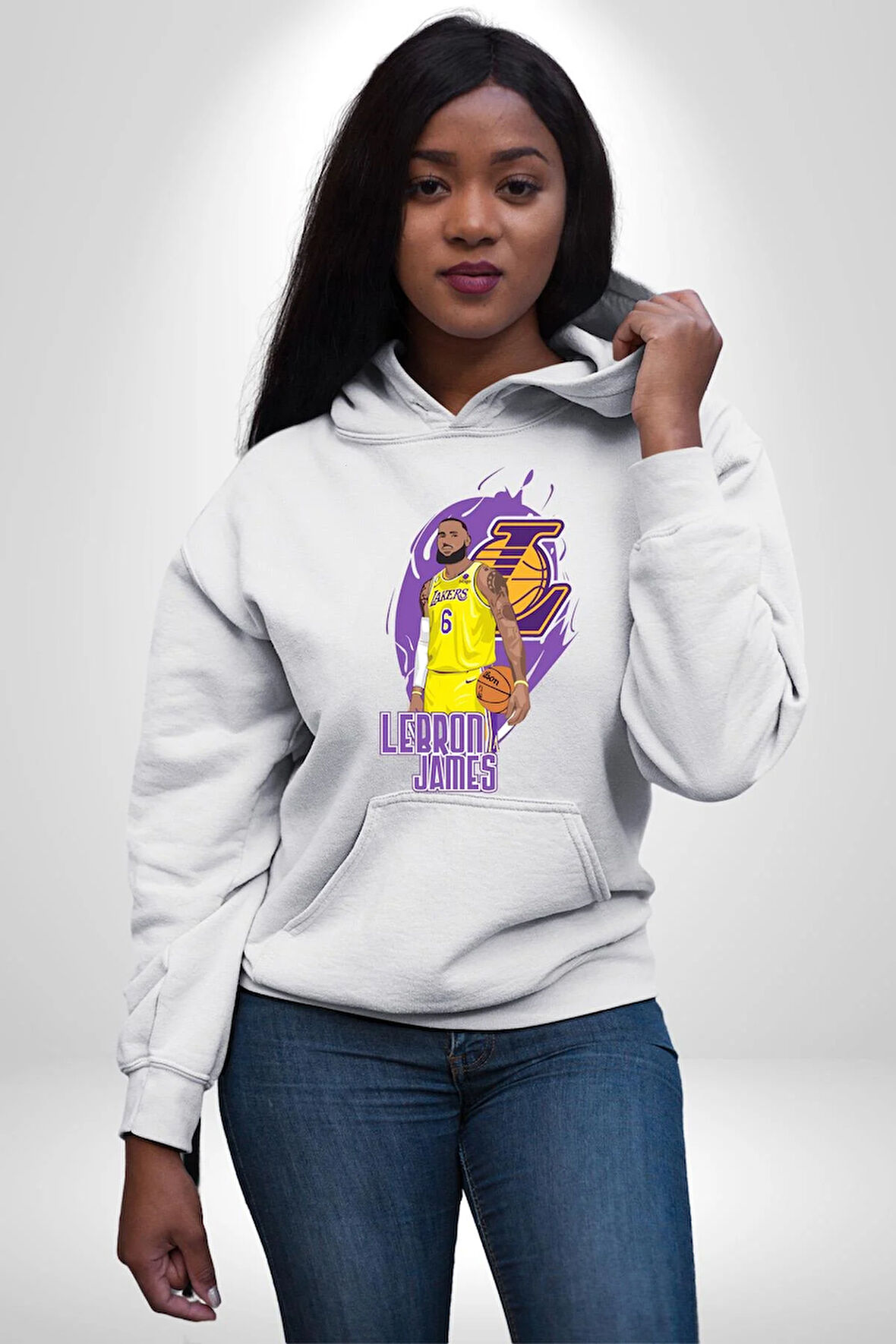 LeBron James Lakers Basketbol Tasarımı Erkek Kadın Beyaz Dijital Baskılı Kapüşonlu Sweatshirt Hoodie