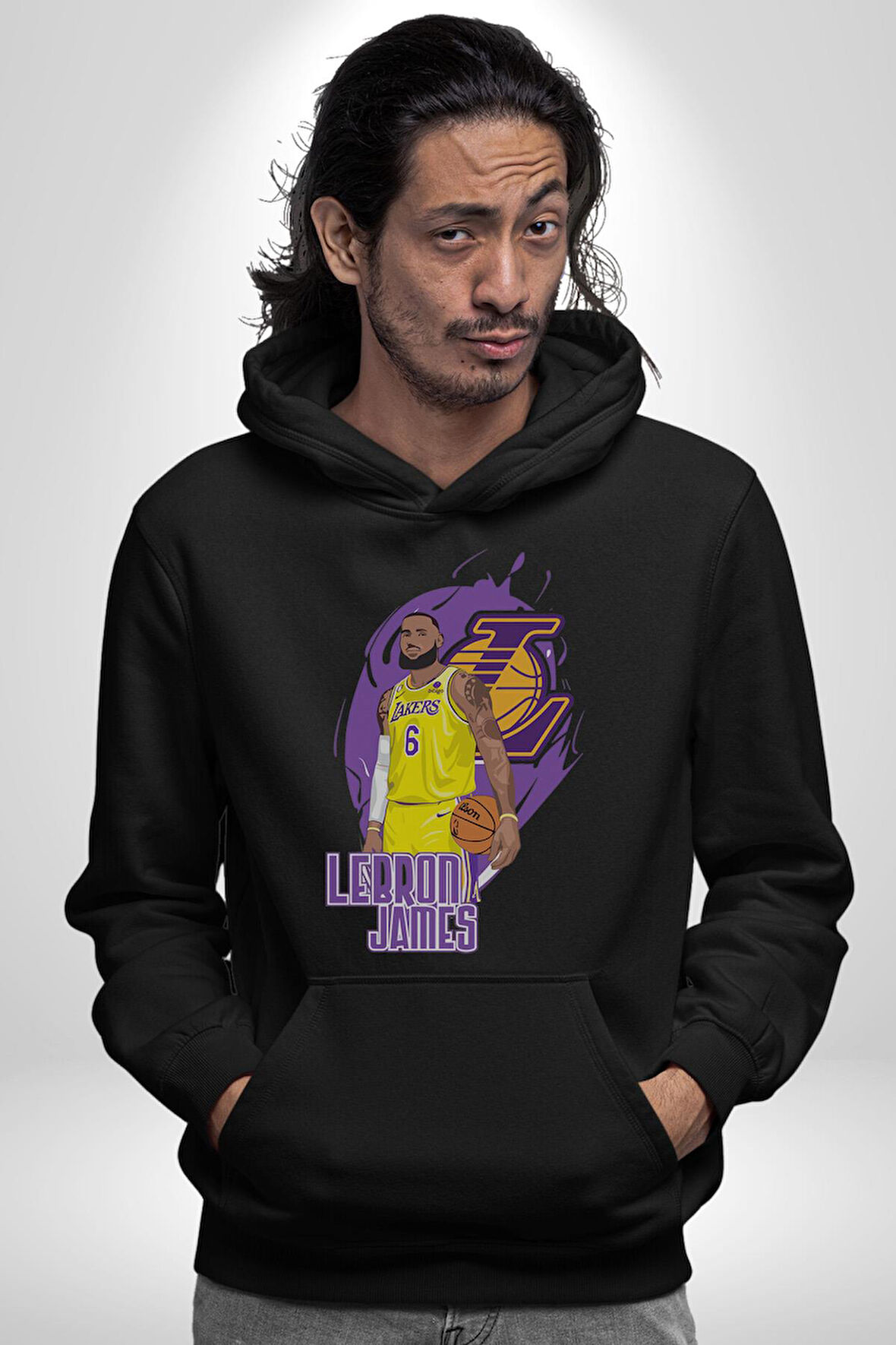 LeBron James Lakers Basketbol Tasarımı Erkek Kadın Siyah Dijital Baskılı Kapüşonlu Sweatshirt Hoodie