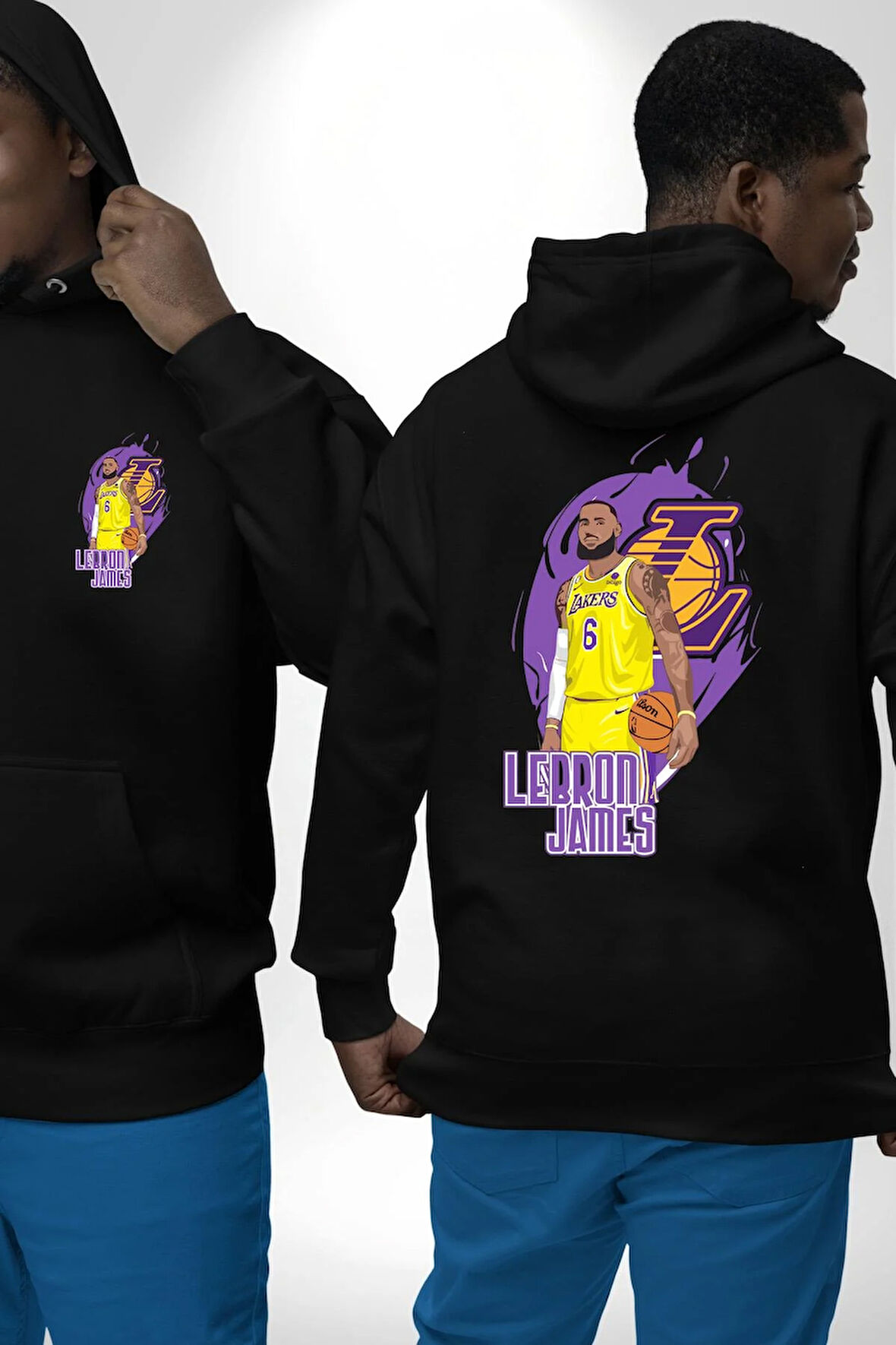 LeBron James Lakers Basketbol Tasarımı Erkek Kadın Siyah Ön Sırt Baskılı Kapüşonlu Sweatshirt Hoodie