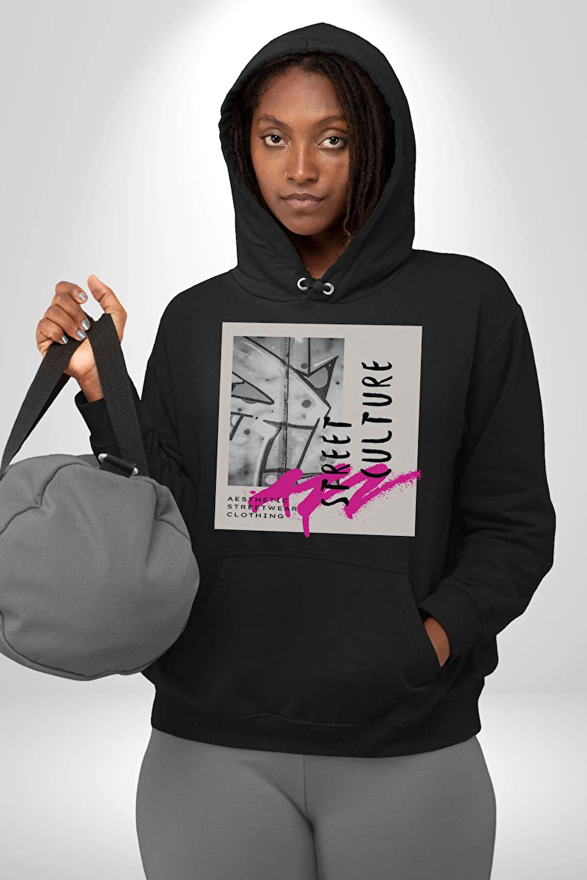 Sokak Kültürü Erkek Kadın Siyah Dijital Baskılı Kapüşonlu Sweatshirt Hoodie