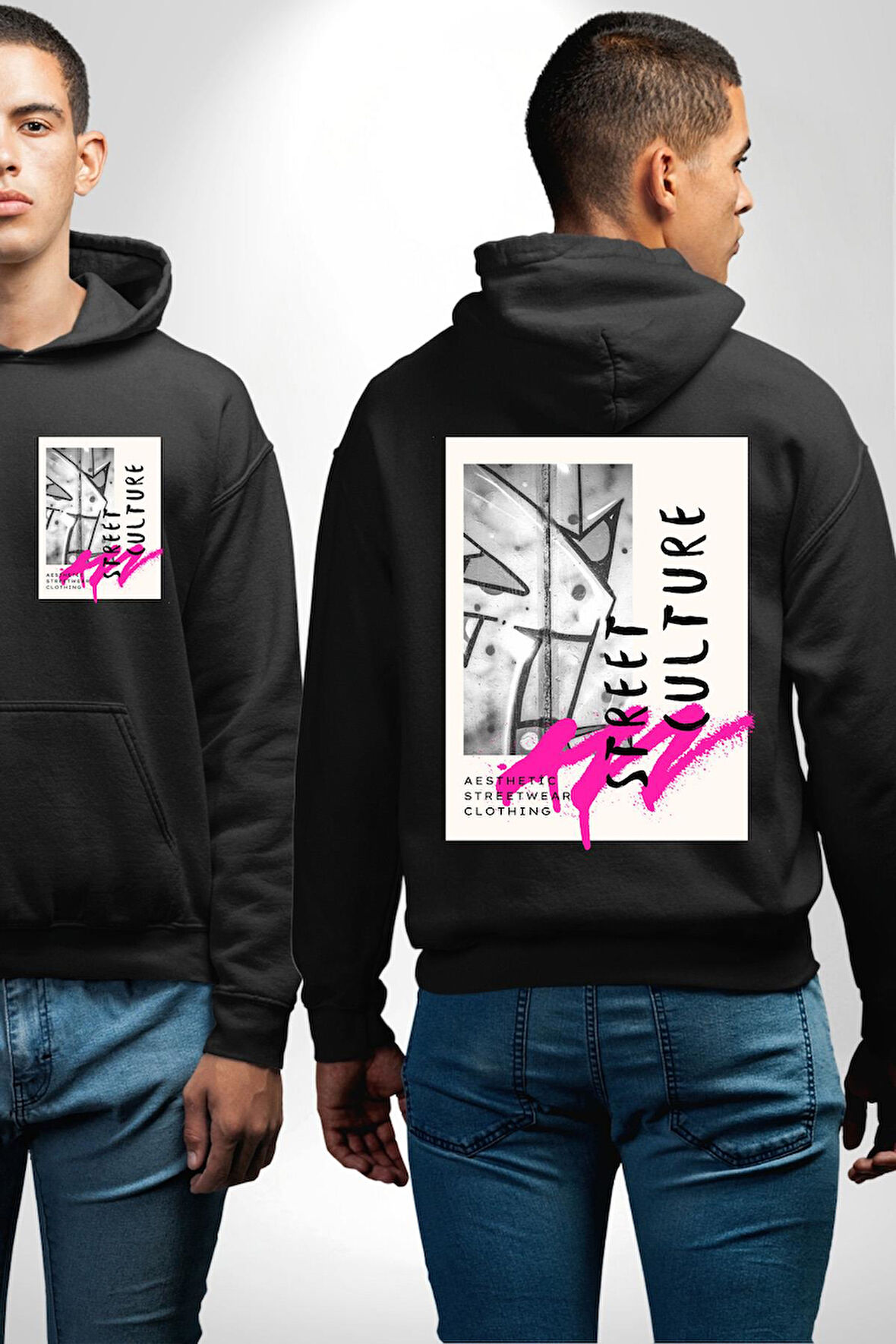 Sokak Kültürü Erkek Kadın Siyah Ön Sırt Baskılı Kapüşonlu Sweatshirt Hoodie
