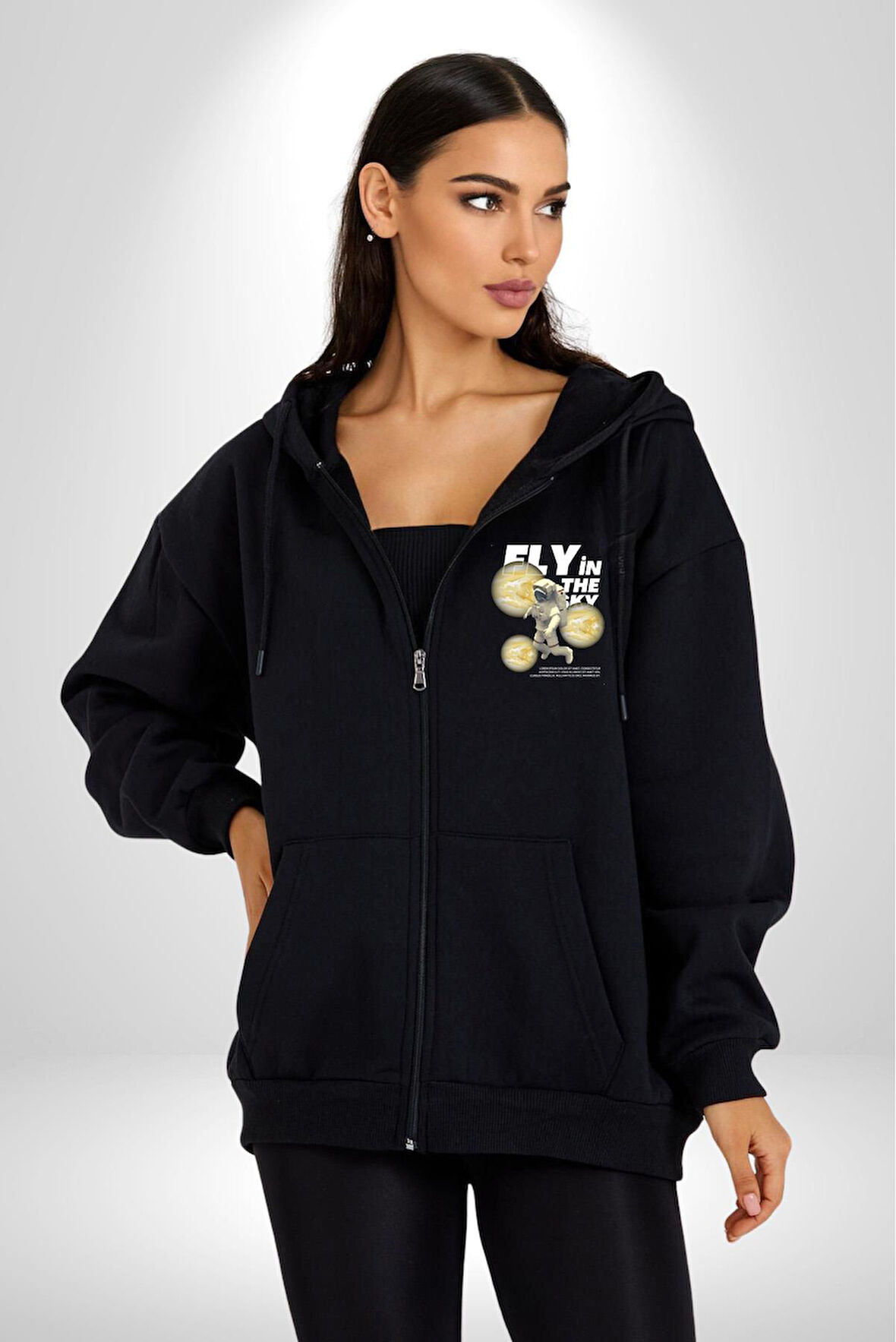 Gökyüzünde Uçmak Astronot Erkek Kadın Siyah Fermuarlı Baskılı Hırka Sweatshirt