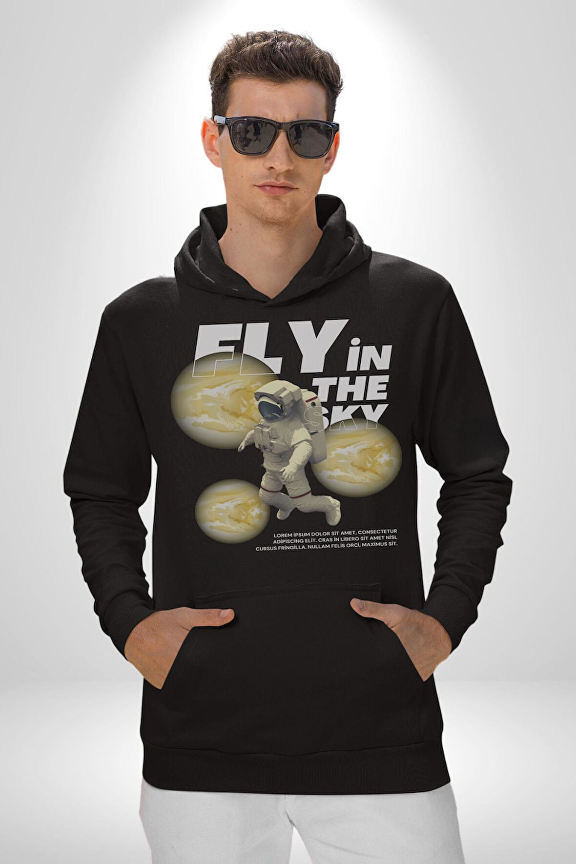 Gökyüzünde Uçmak Astronot Erkek Kadın Siyah Dijital Baskılı Kapüşonlu Sweatshirt Hoodie