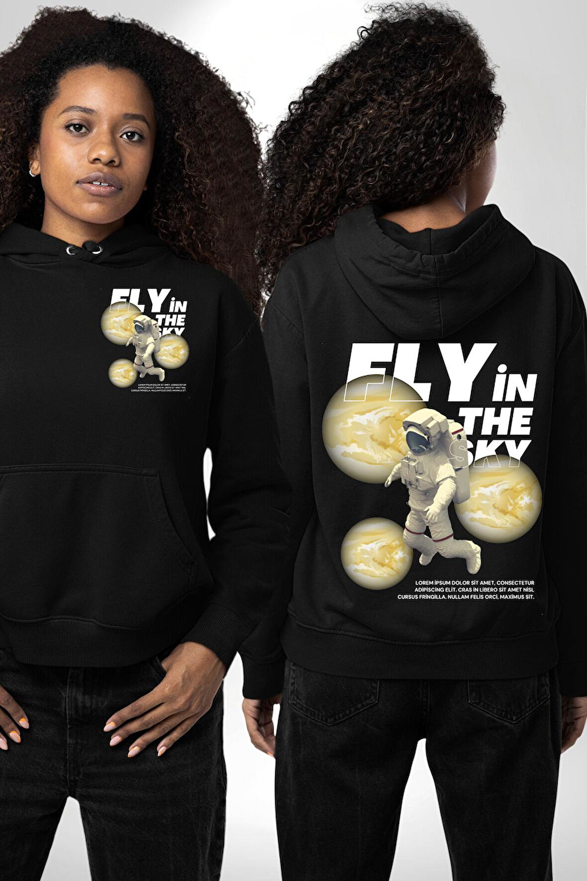 Gökyüzünde Uçmak Astronot Erkek Kadın Siyah Ön Sırt Baskılı Kapüşonlu Sweatshirt Hoodie