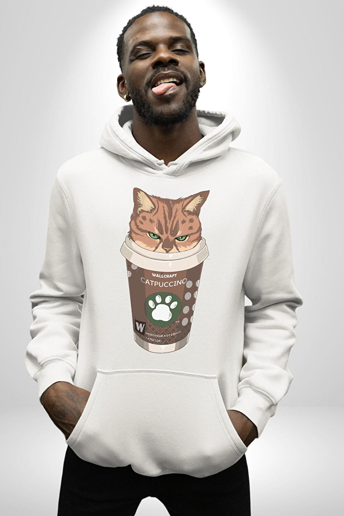 Catpuccino Kedi Karikatür Eğlenceli Tasarım Erkek Kadın Beyaz Dijital Baskılı Kapüşonlu Sweatshirt Hoodie