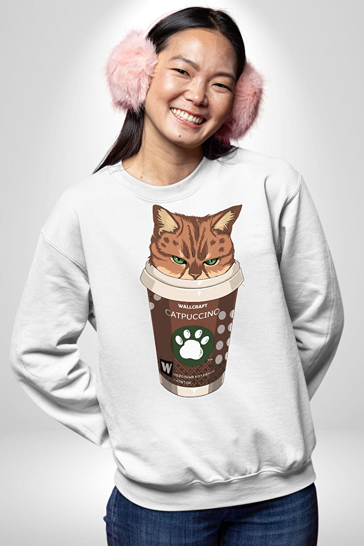 Catpuccino Kedi Karikatür Eğlenceli Tasarım Erkek Kadın Unisex Dijital Baskılı Beyaz Sweatshirt
