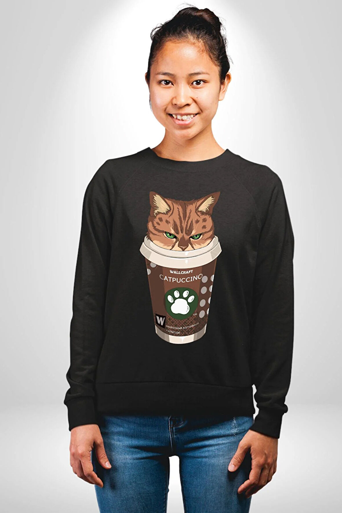 Catpuccino Kedi Karikatür Eğlenceli Tasarım Erkek Kadın Unisex Dijital Baskılı Siyah Sweatshirt