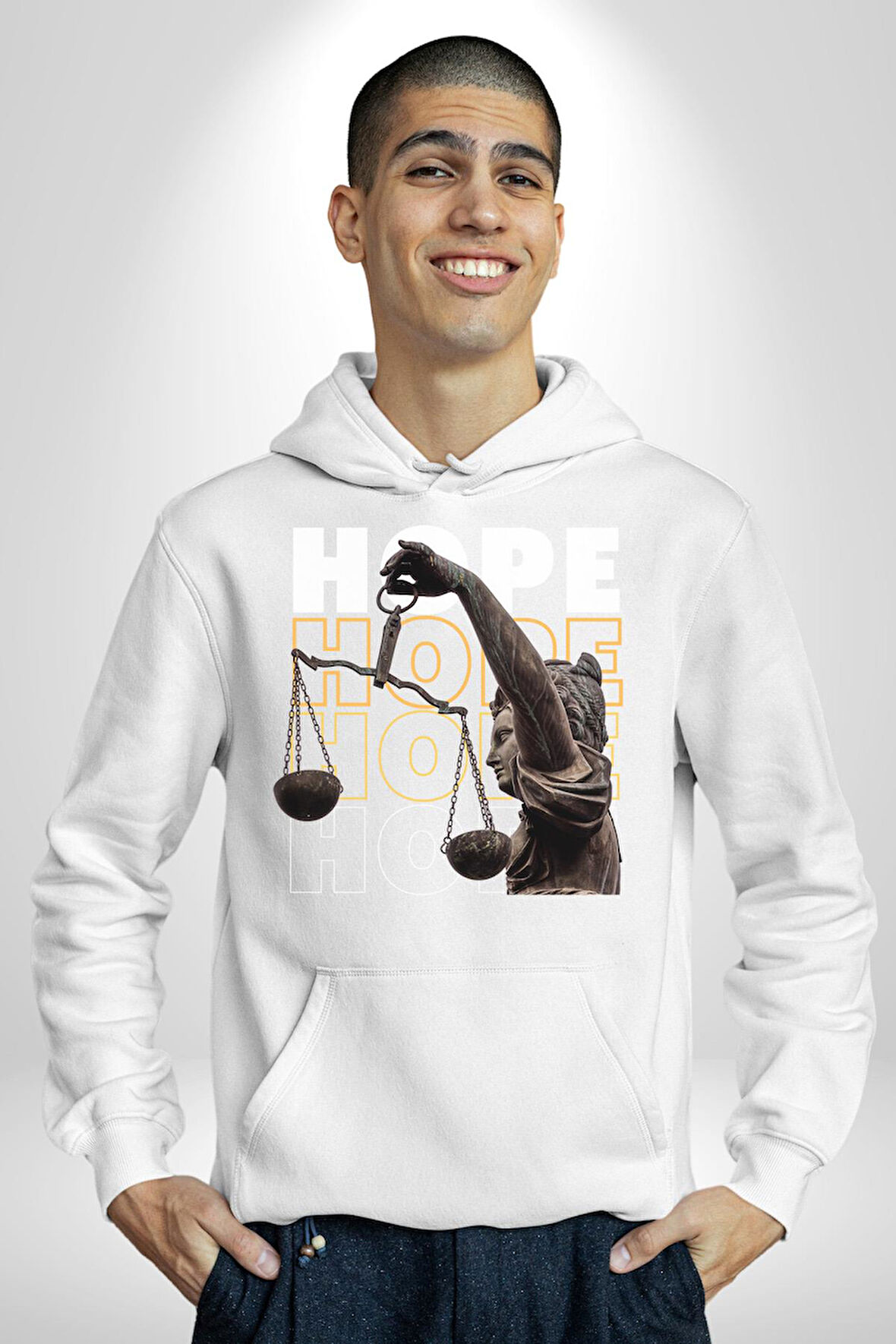 Adelet Terazi Umut Erkek Kadın Beyaz Dijital Baskılı Kapüşonlu Sweatshirt Hoodie