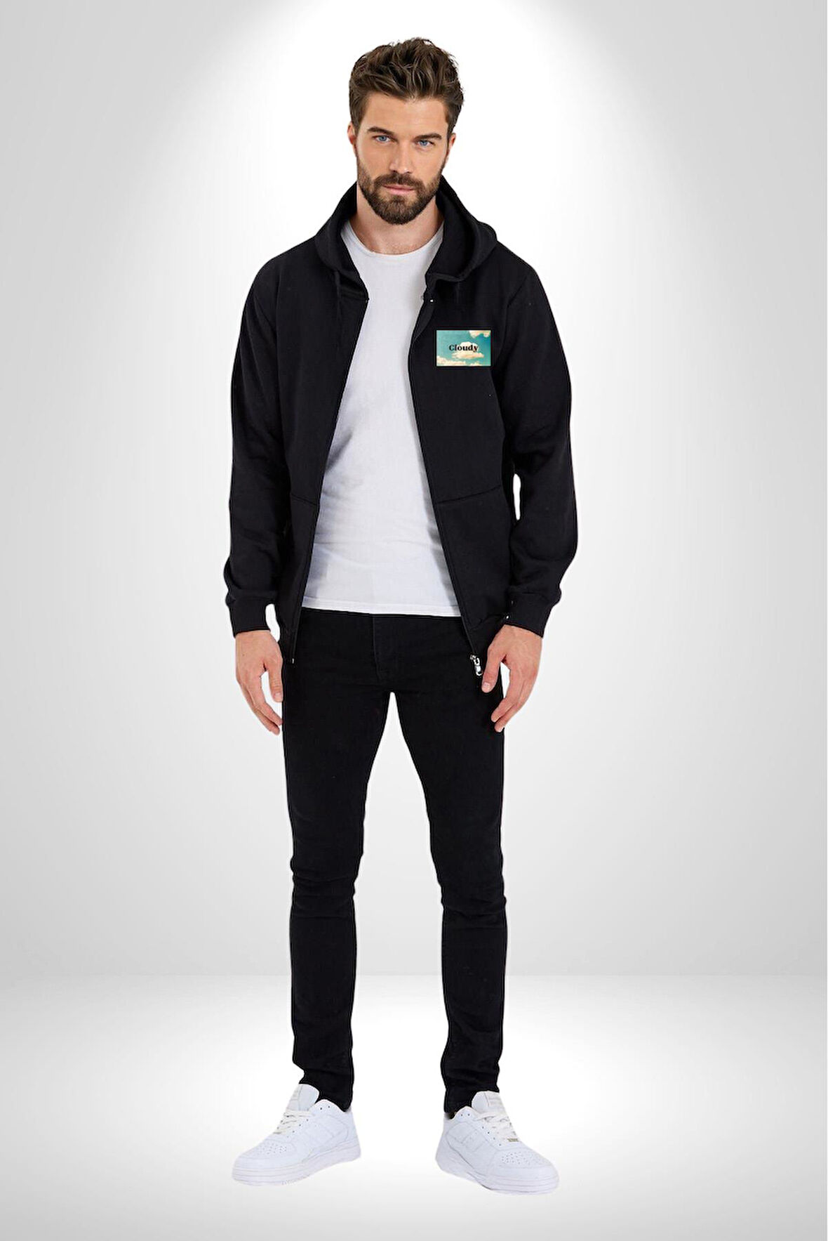 Pisikolojim Bulutlu Erkek Kadın Siyah Fermuarlı Baskılı Hırka Sweatshirt